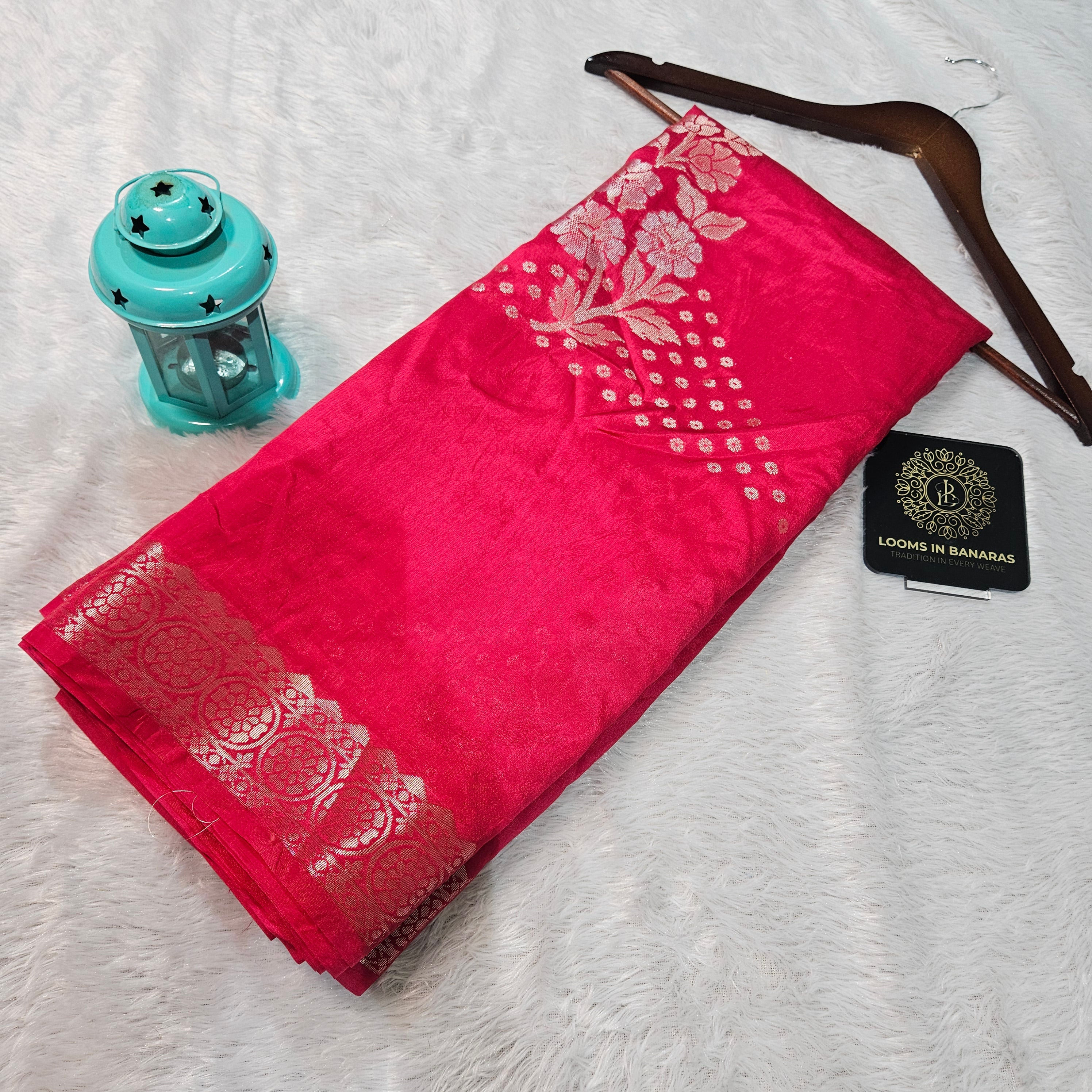 Rani Pink Banarasi Viscose Silk Saree Geometric Buta with Zari Border