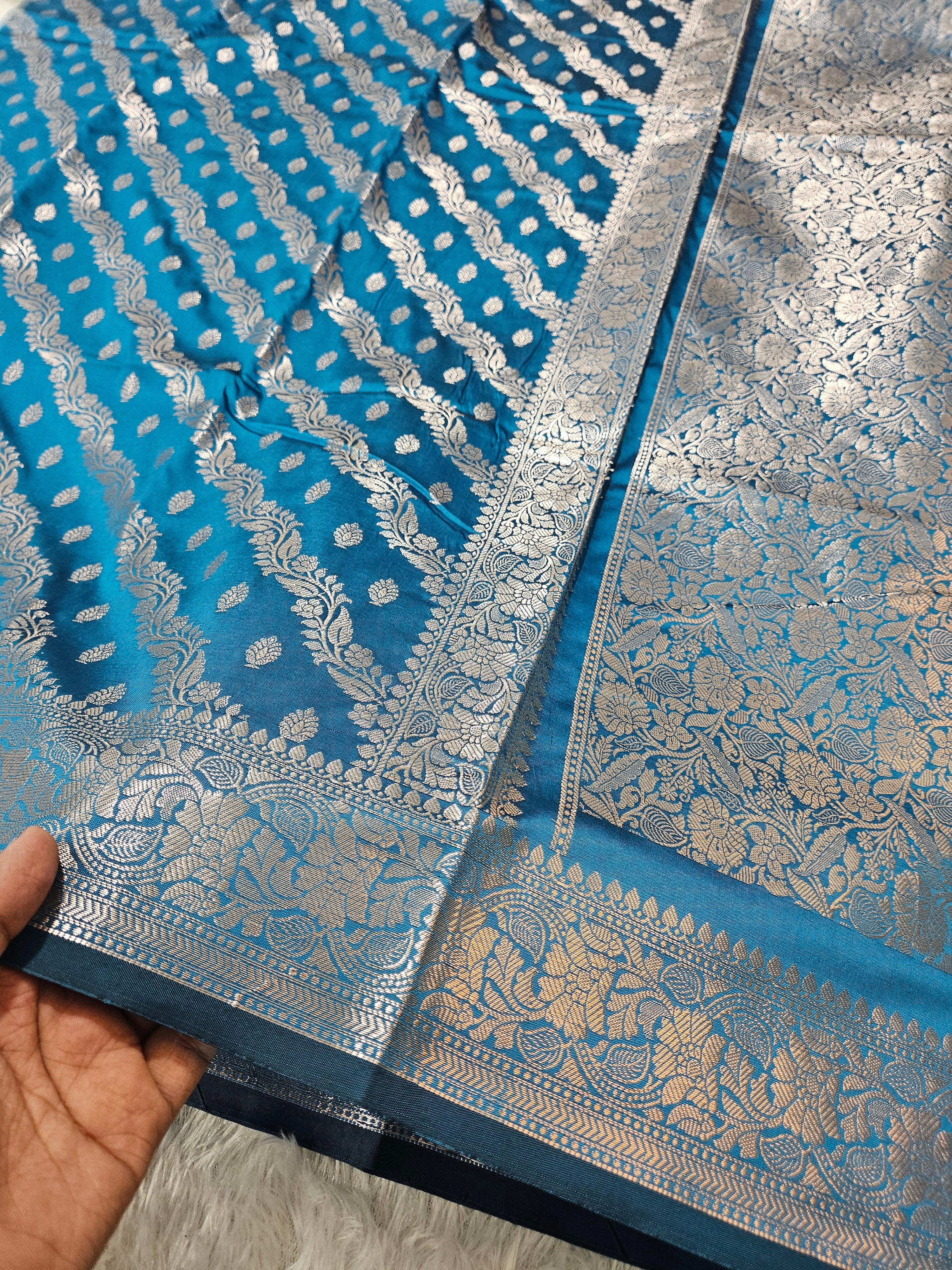 Banarasi Turquoise Silk Jaal Zari Border Saree