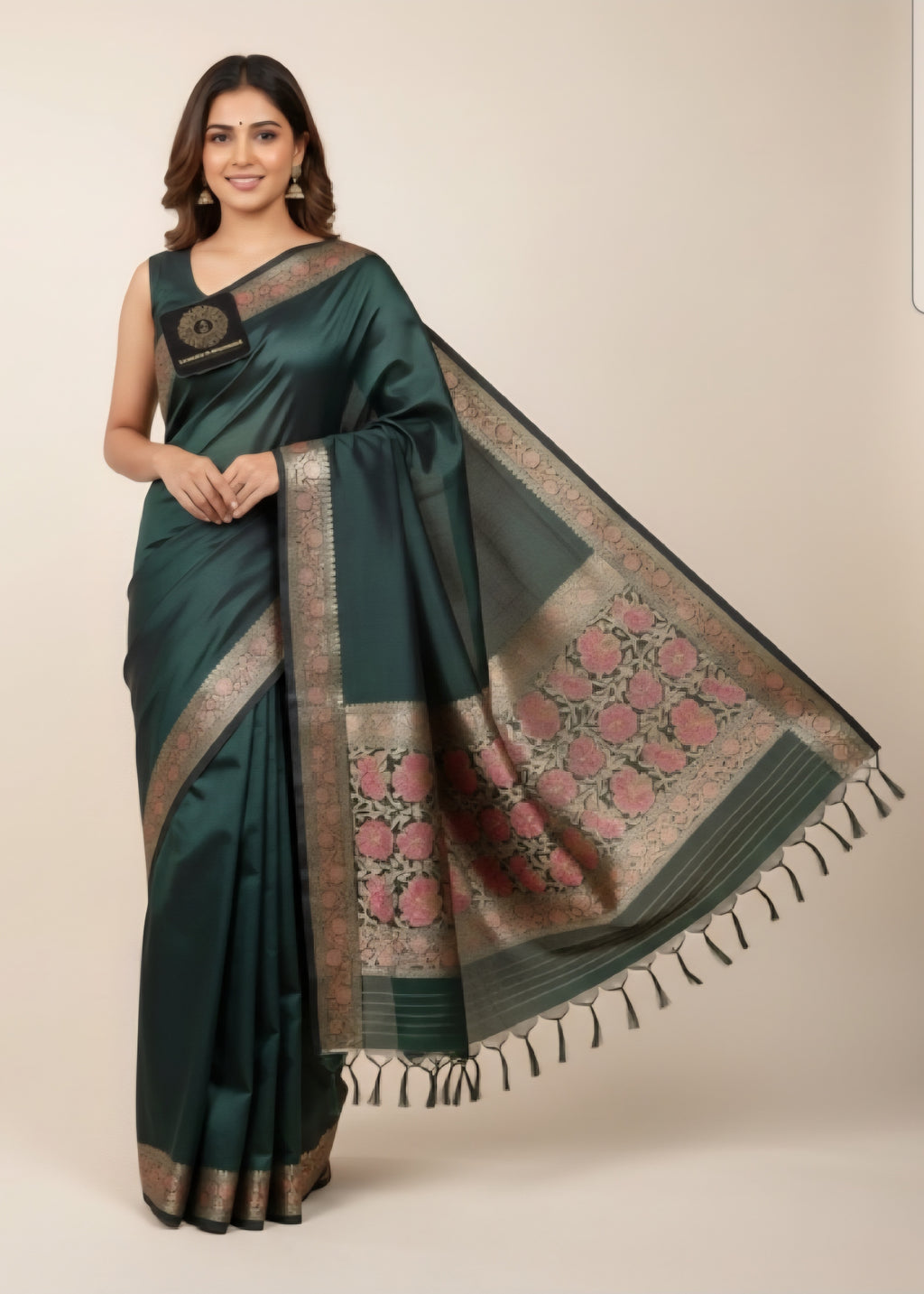 Bottle Green Banarasi Plain Saree Alfi Zari Aanchal Border Design