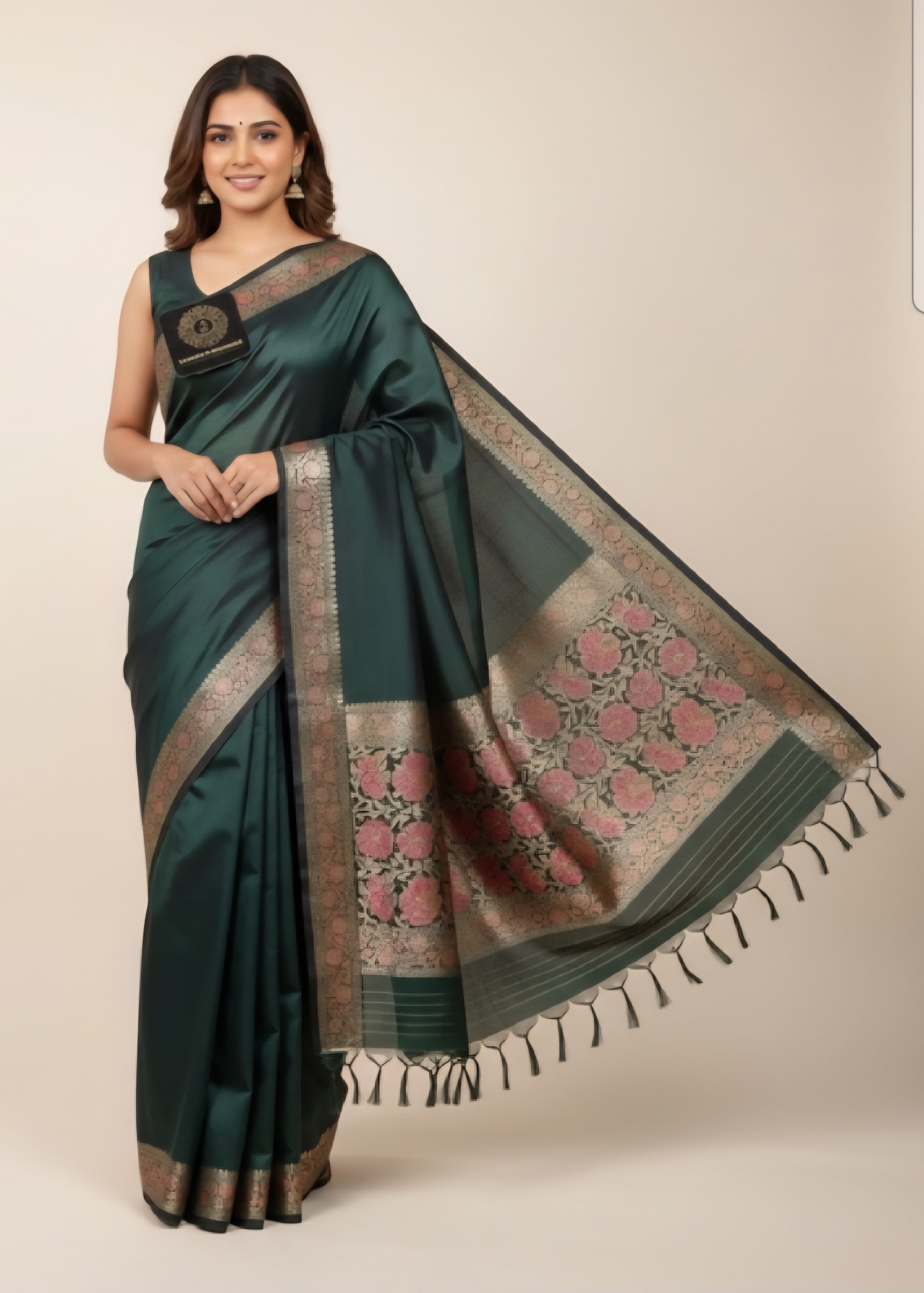 Bottle Green Banarasi Plain Saree Alfi Zari Aanchal Border Design