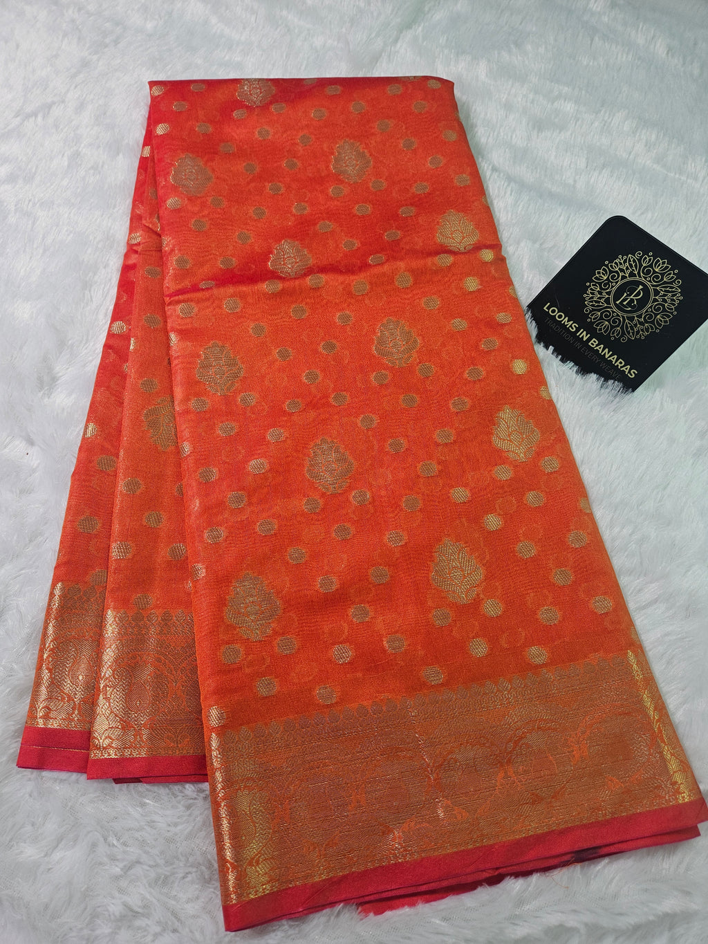 Banarasi Silk Orange Buti Zari Border Saree