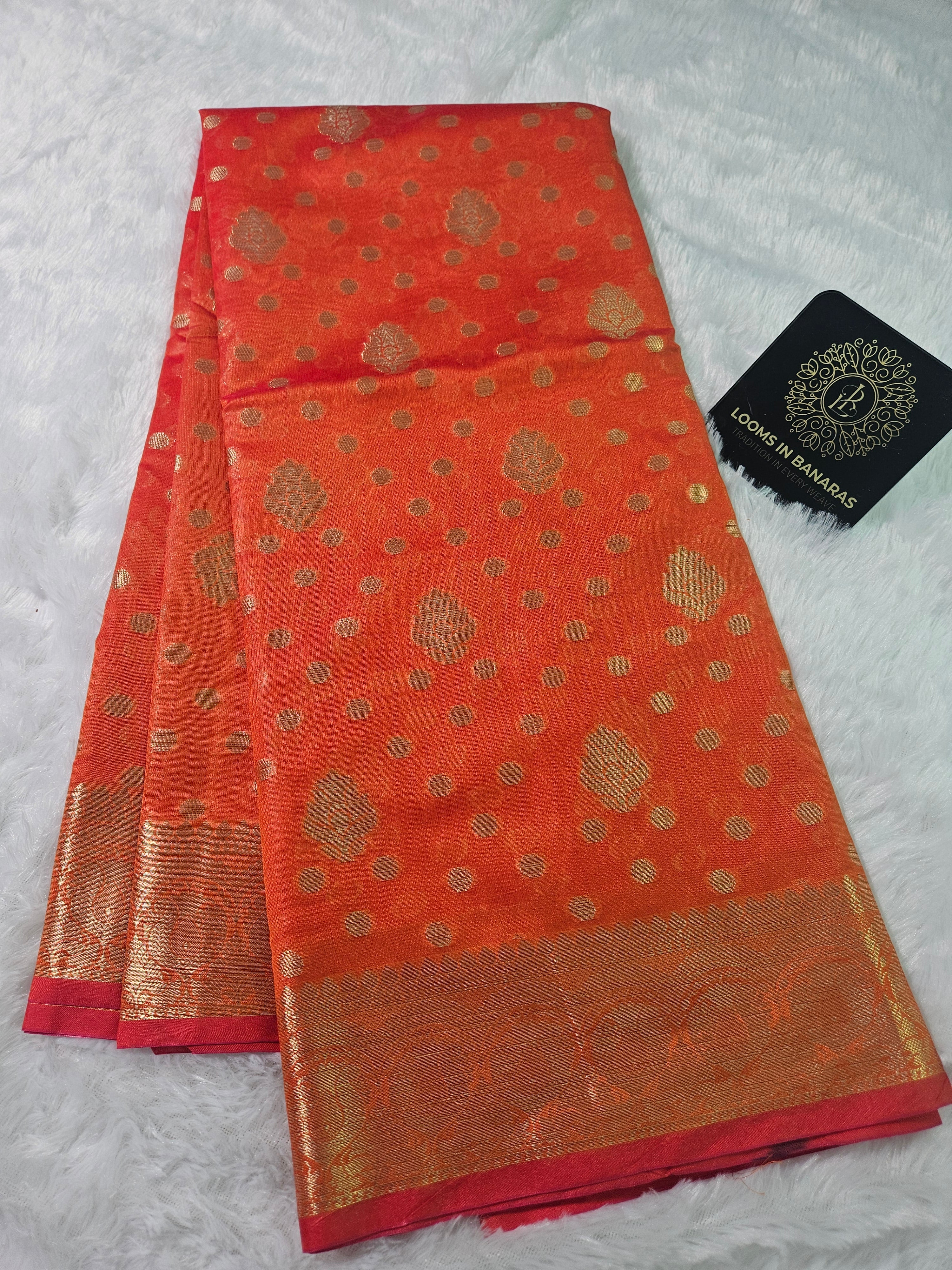 Banarasi Silk Orange Buti Zari Border Saree