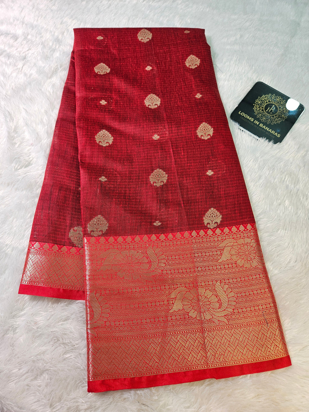 Red and Blue Contrast Banarasi Cotton Zari Border Boota Saree