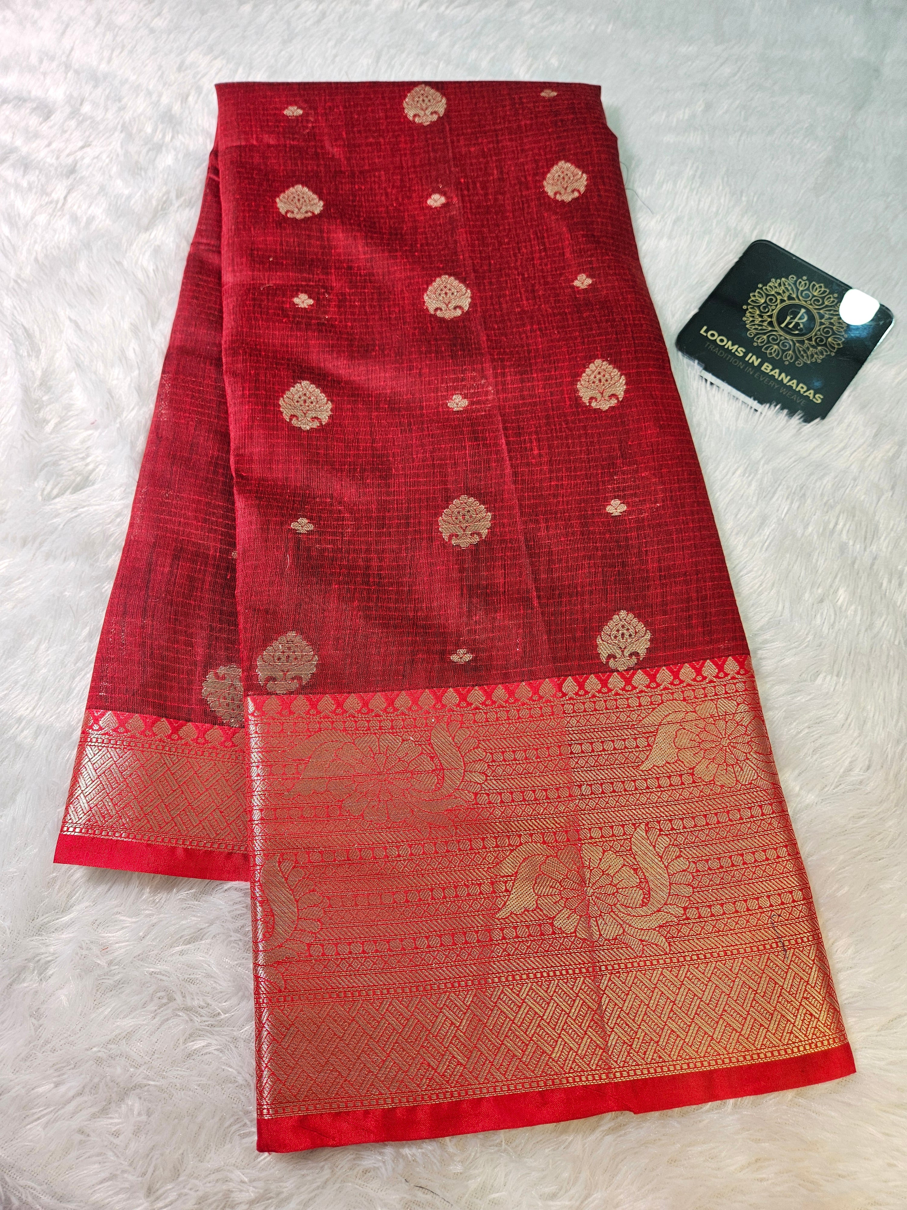 Red and Blue Contrast Banarasi Cotton Zari Border Boota Saree