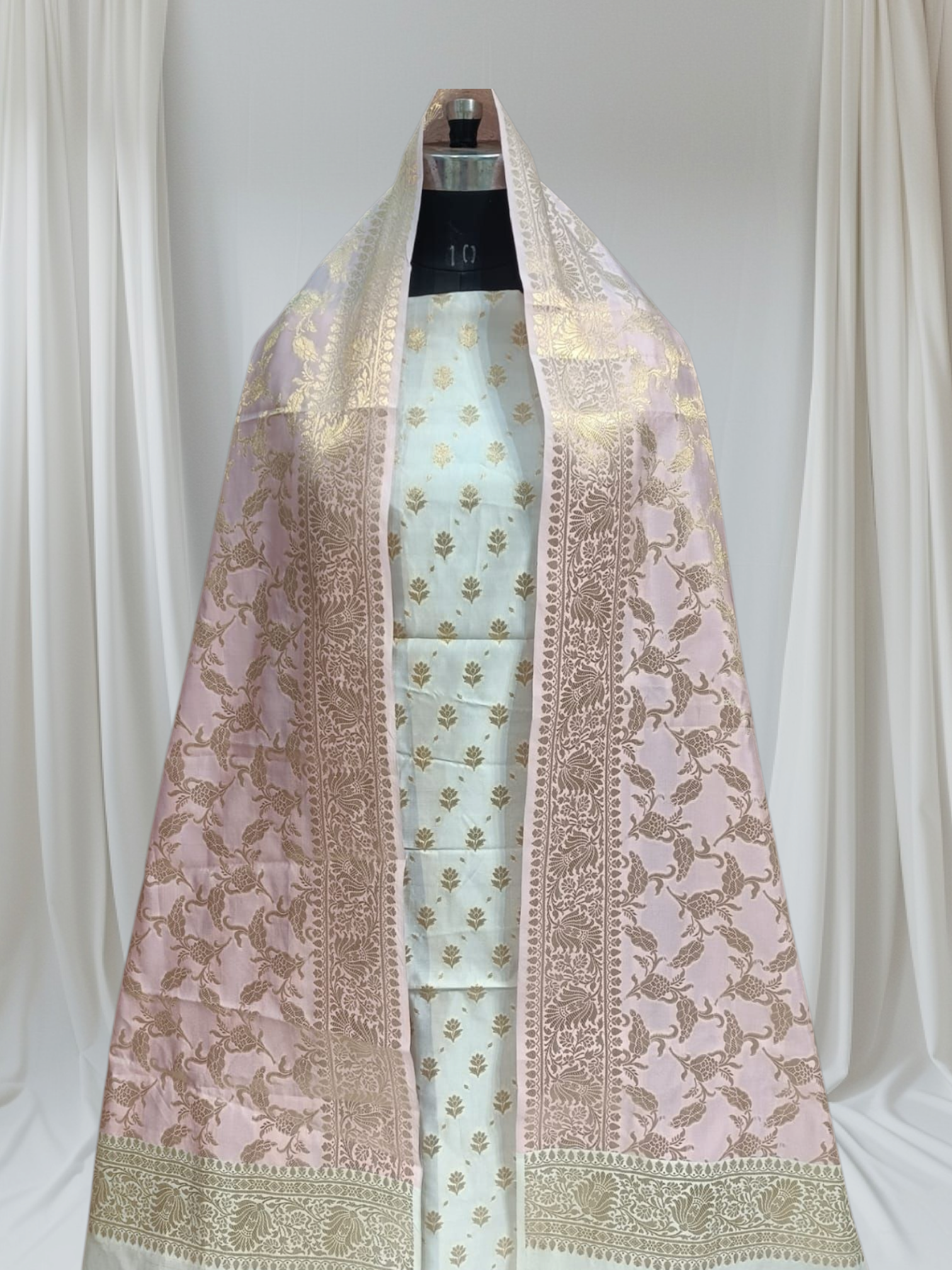 White And Pink Contrast Zari Buti Banarasi Silk Suit