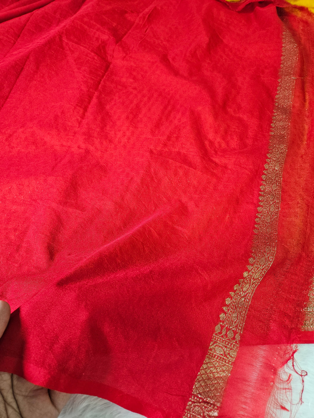 Banarasi Georgette Yellow Contrast Red Saree with Antique Zari Border buti