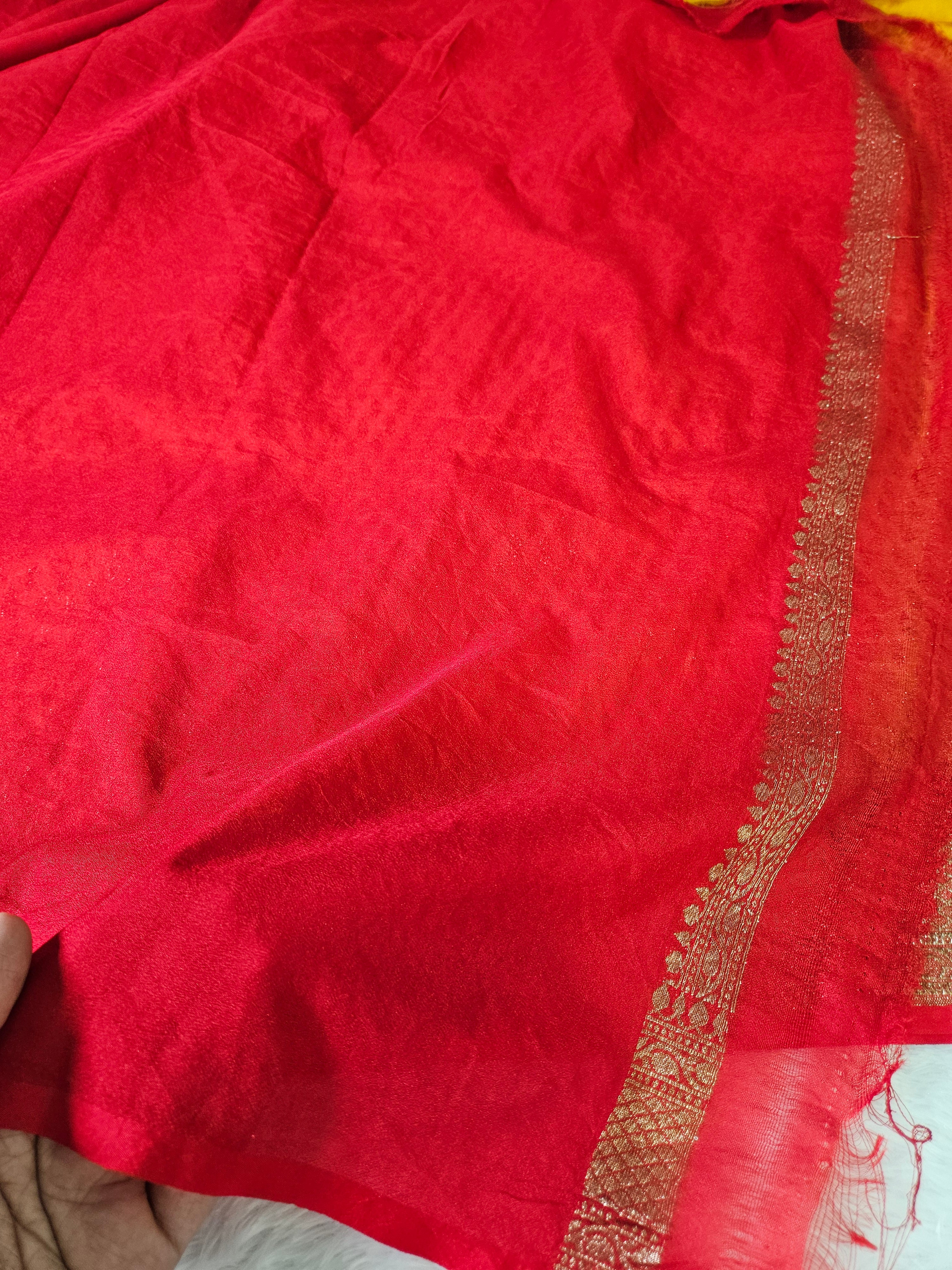 Banarasi Georgette Yellow Contrast Red Saree with Antique Zari Border buti