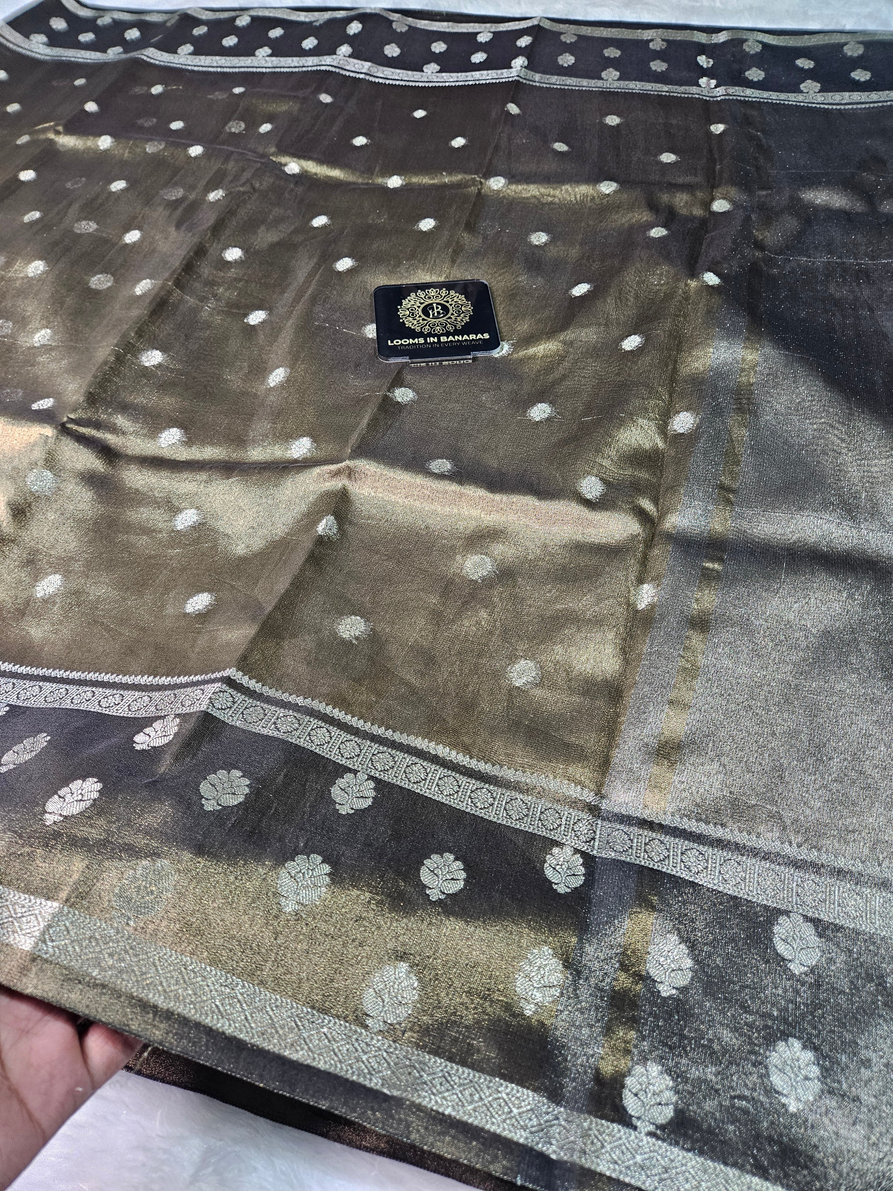 Blackish Gold Banarasi Tissue Zari Buti Design Saree