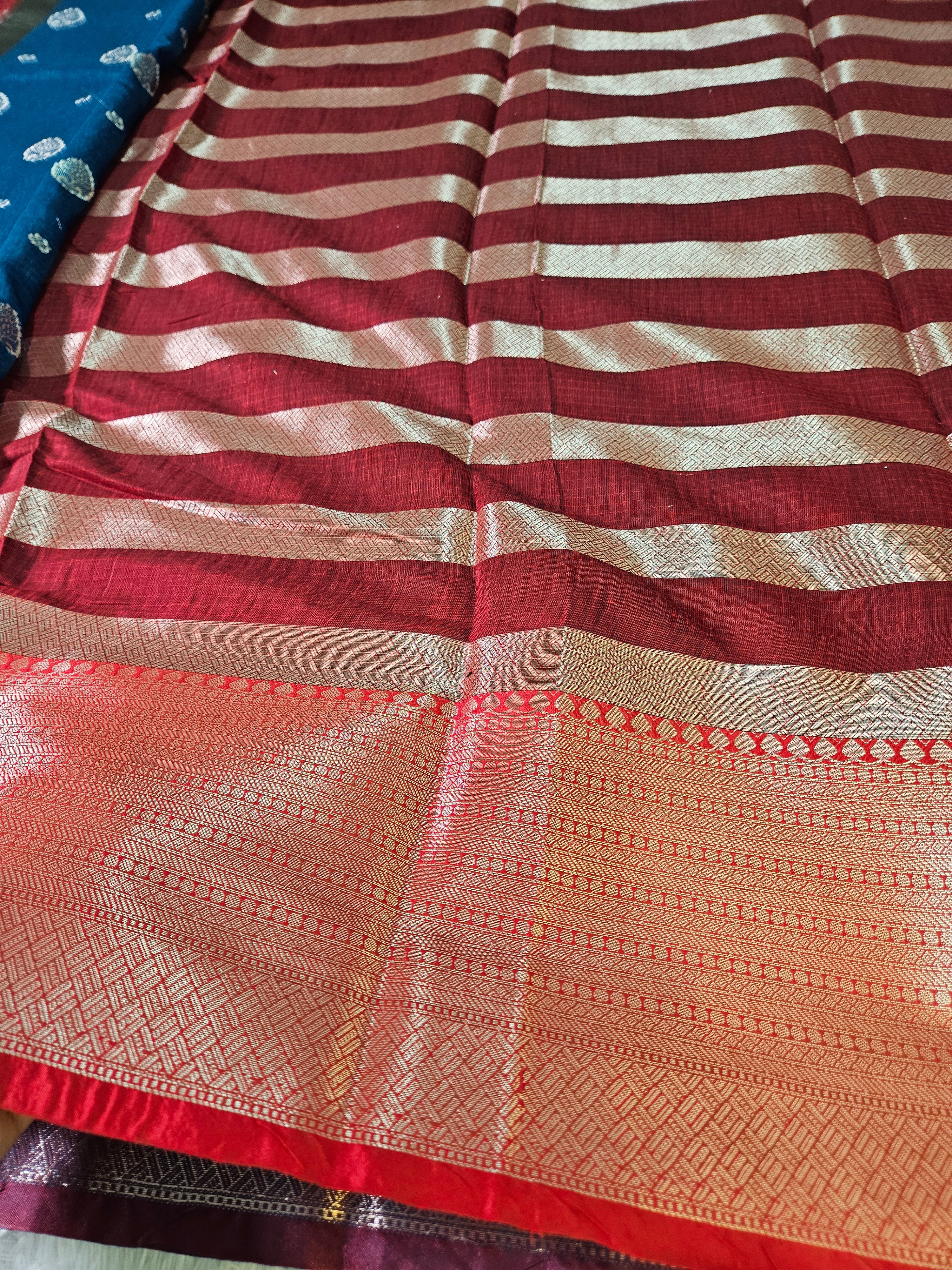 Blue and Red Contrast Banarasi Cotton Zari Border Boota Saree