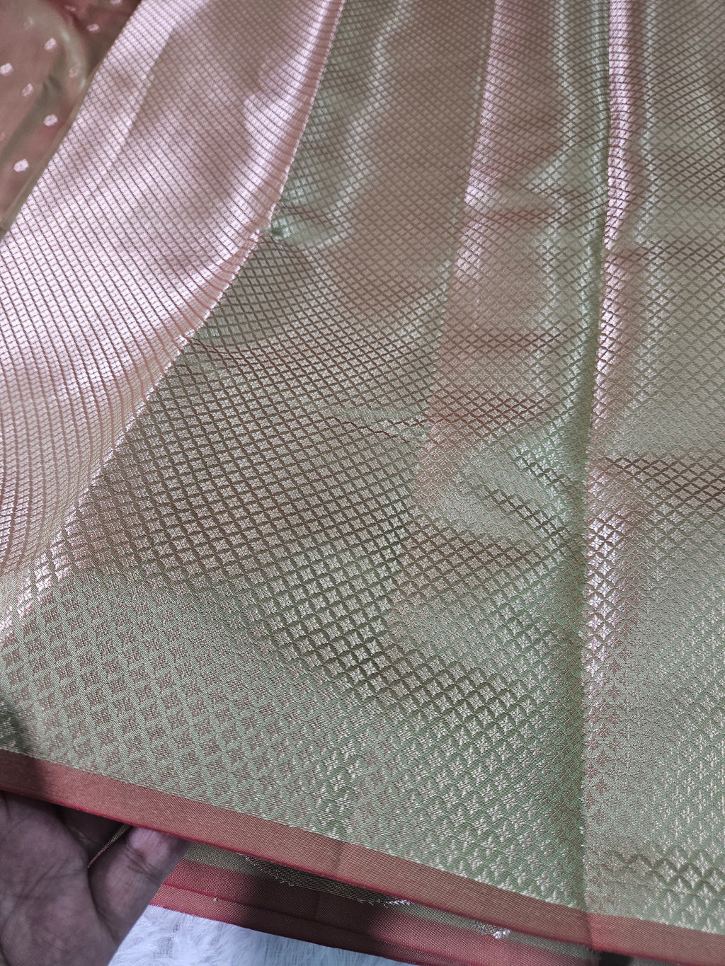 Banarasi Silk Mehndi Buti Zari Scallop Border Saree