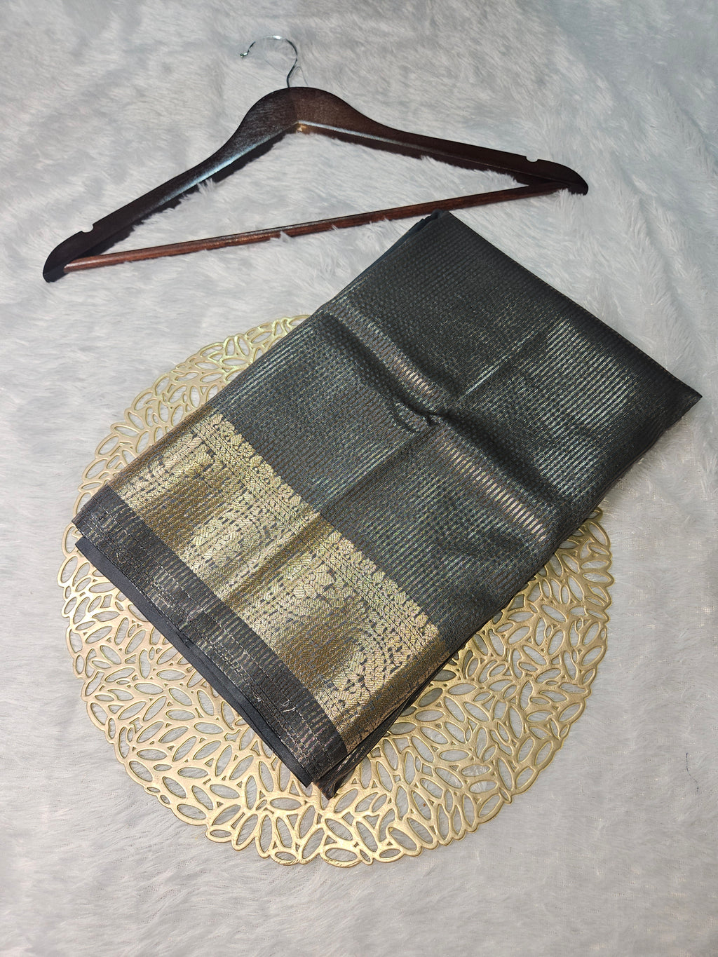 Grey Banarasi Soft Tissue Zari Stripe Design Saree