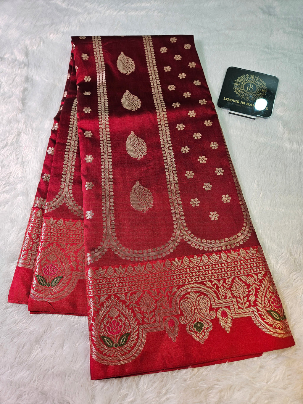 Maroon and Green Contrast Banarasi Silk Jaal Zari Border Saree