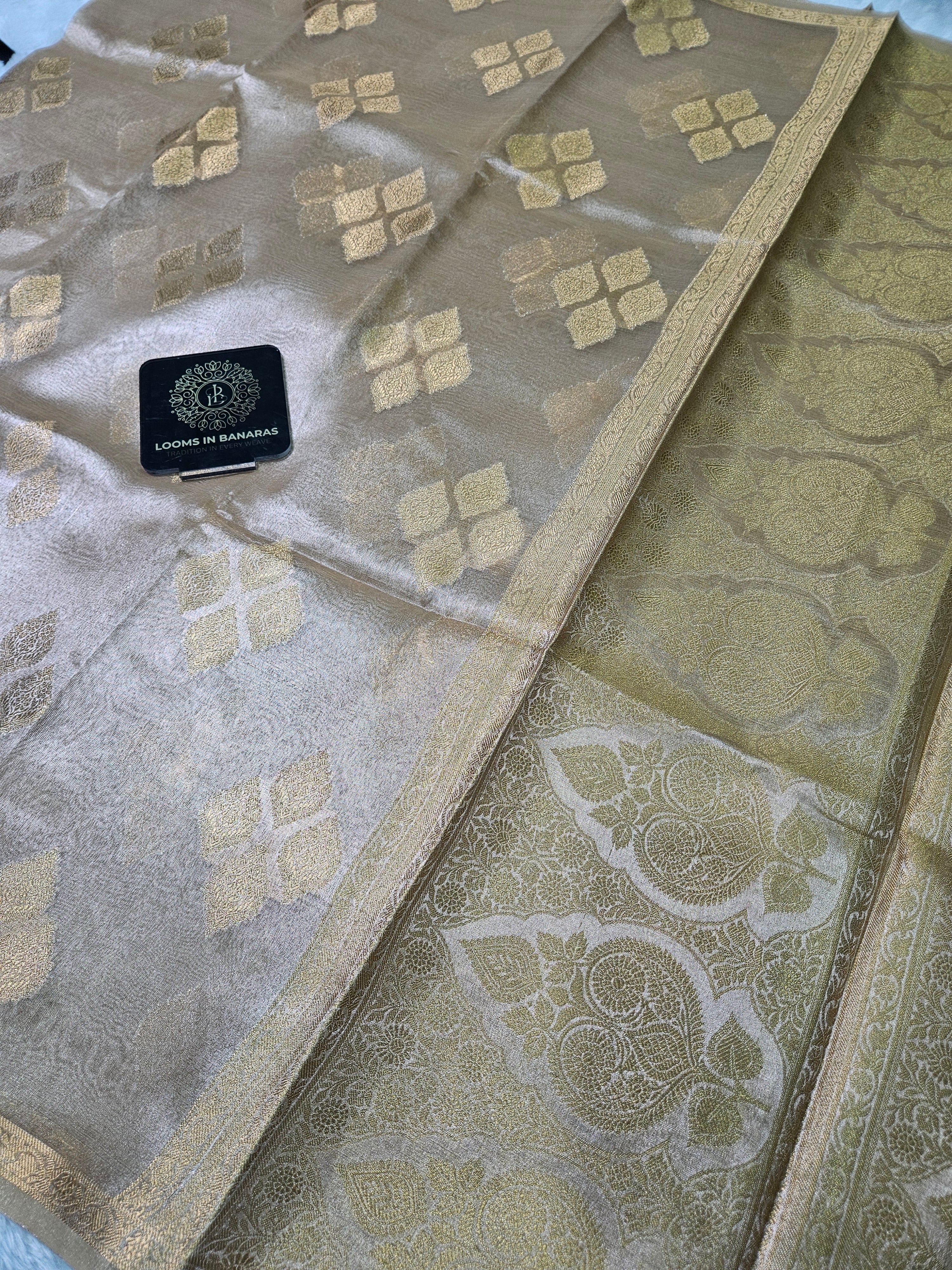 Tasar Gold Banarasi Tissue Zari Buti Design Small Border Saree