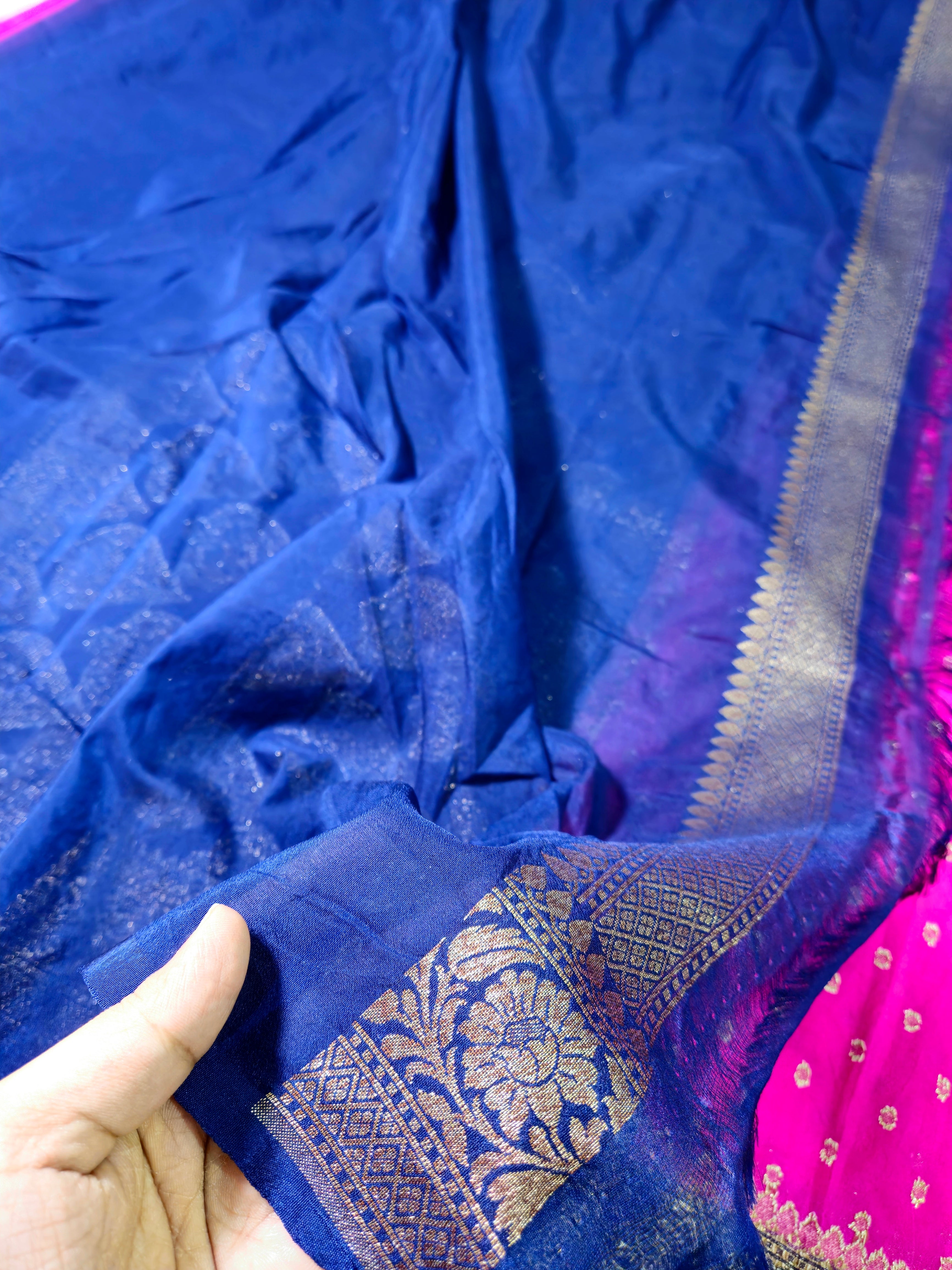 Banarasi Georgette Rani Pink Contrast Navy Blue Saree with Antique Zari Border buti