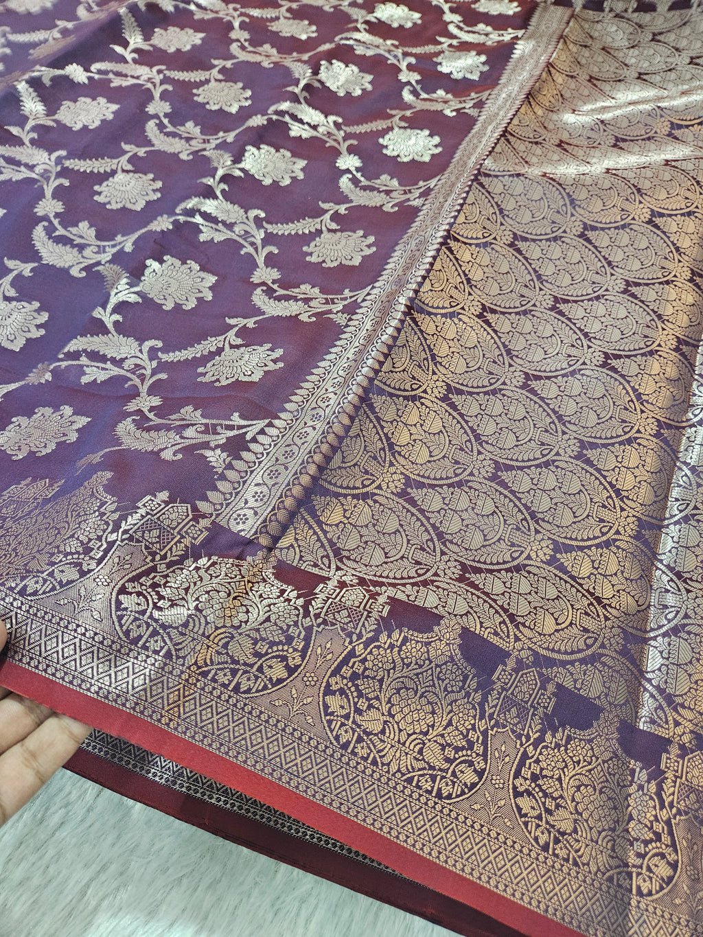 Banarasi Silk Wine Jaal Zari Border Saree