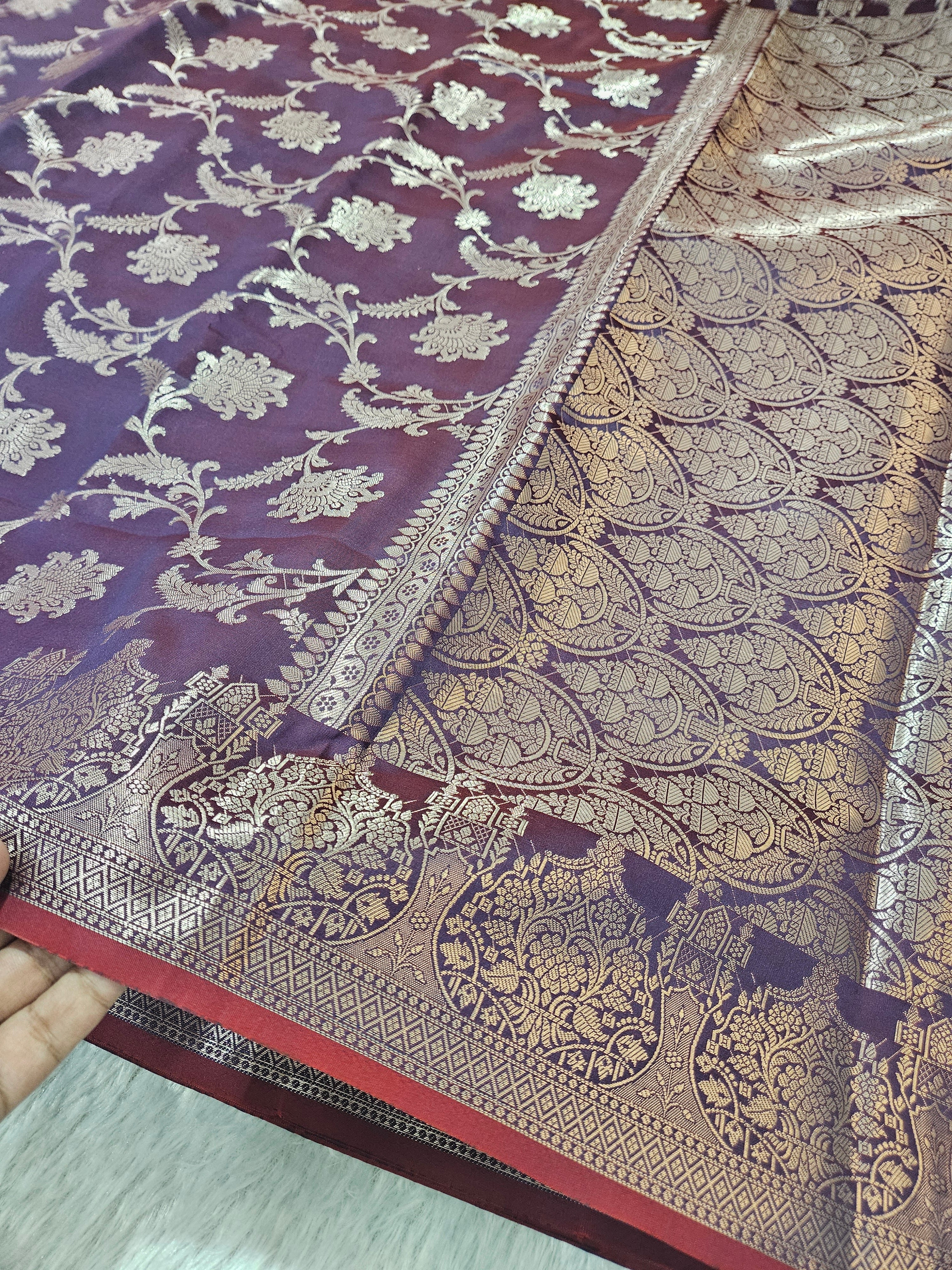 Banarasi Silk Wine Jaal Zari Border Saree