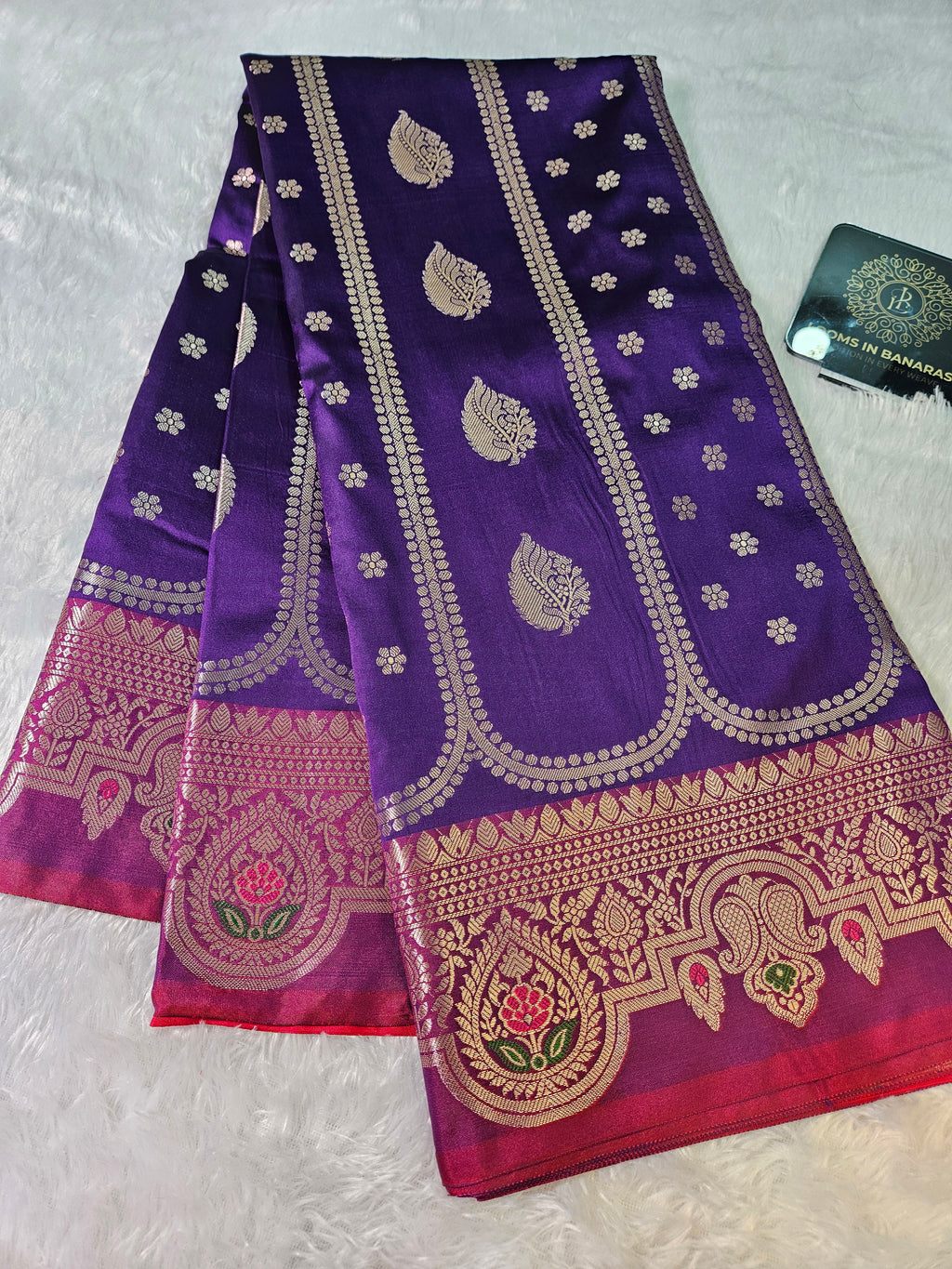 Purple and Red Contrast Banarasi Silk Jaal Zari Border Saree