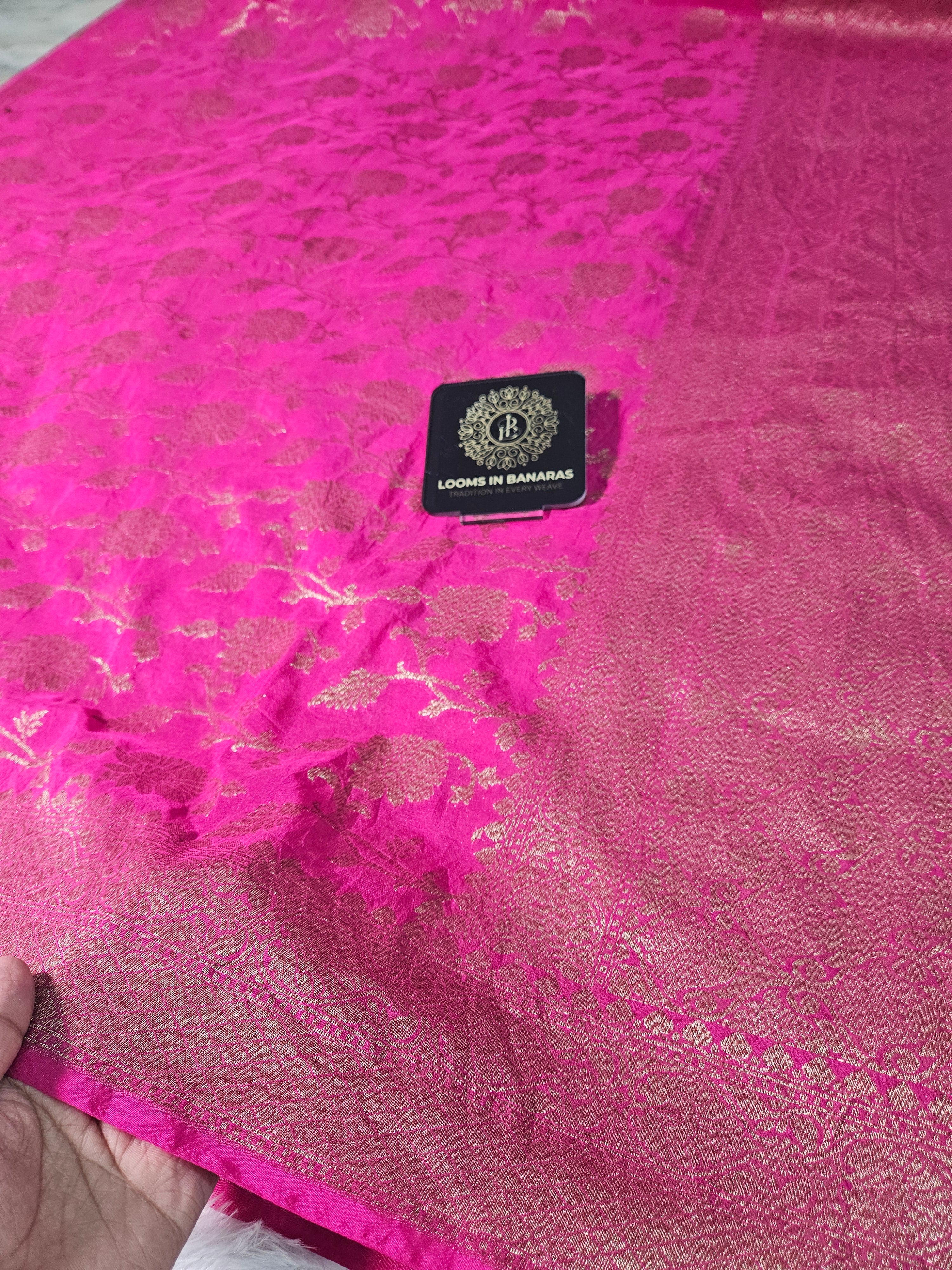 Banarasi Georgette Rani Pink Saree with Antique Zari Border Jaal