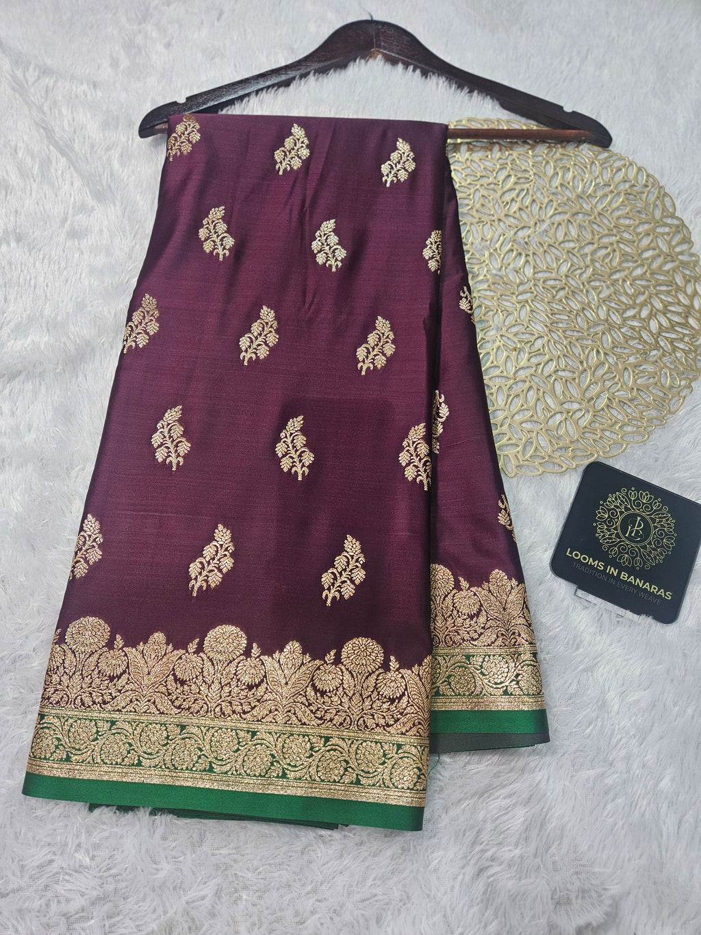 Wine and Green Contrast Banarasi Katan Satin Silk Saree Zari Border Buta Design