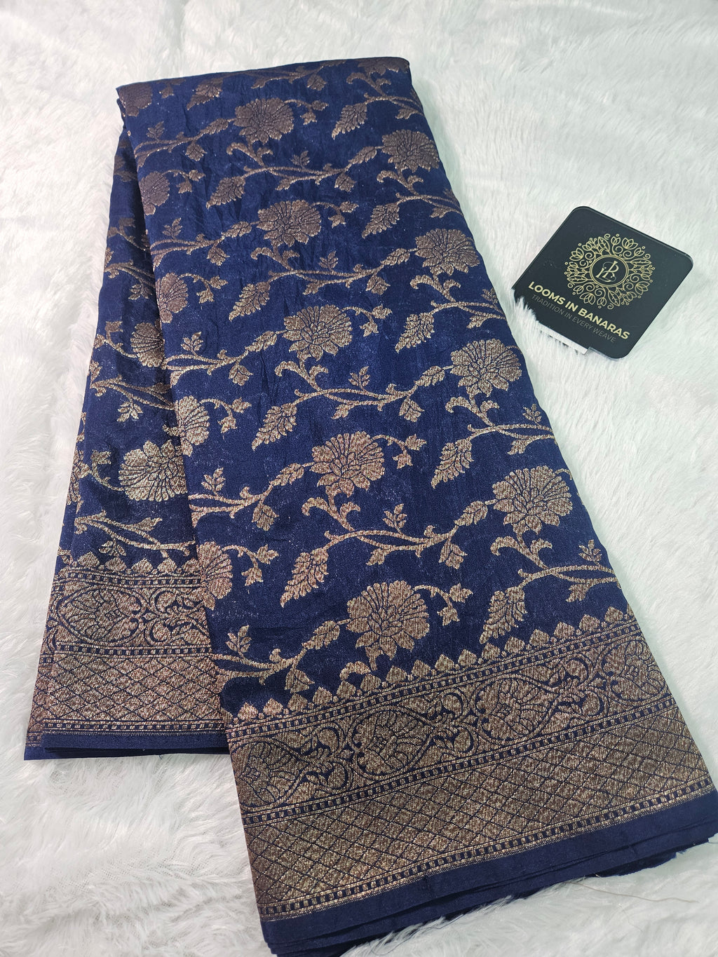Banarasi Georgette Navy Saree with Antique Zari Border Jaal