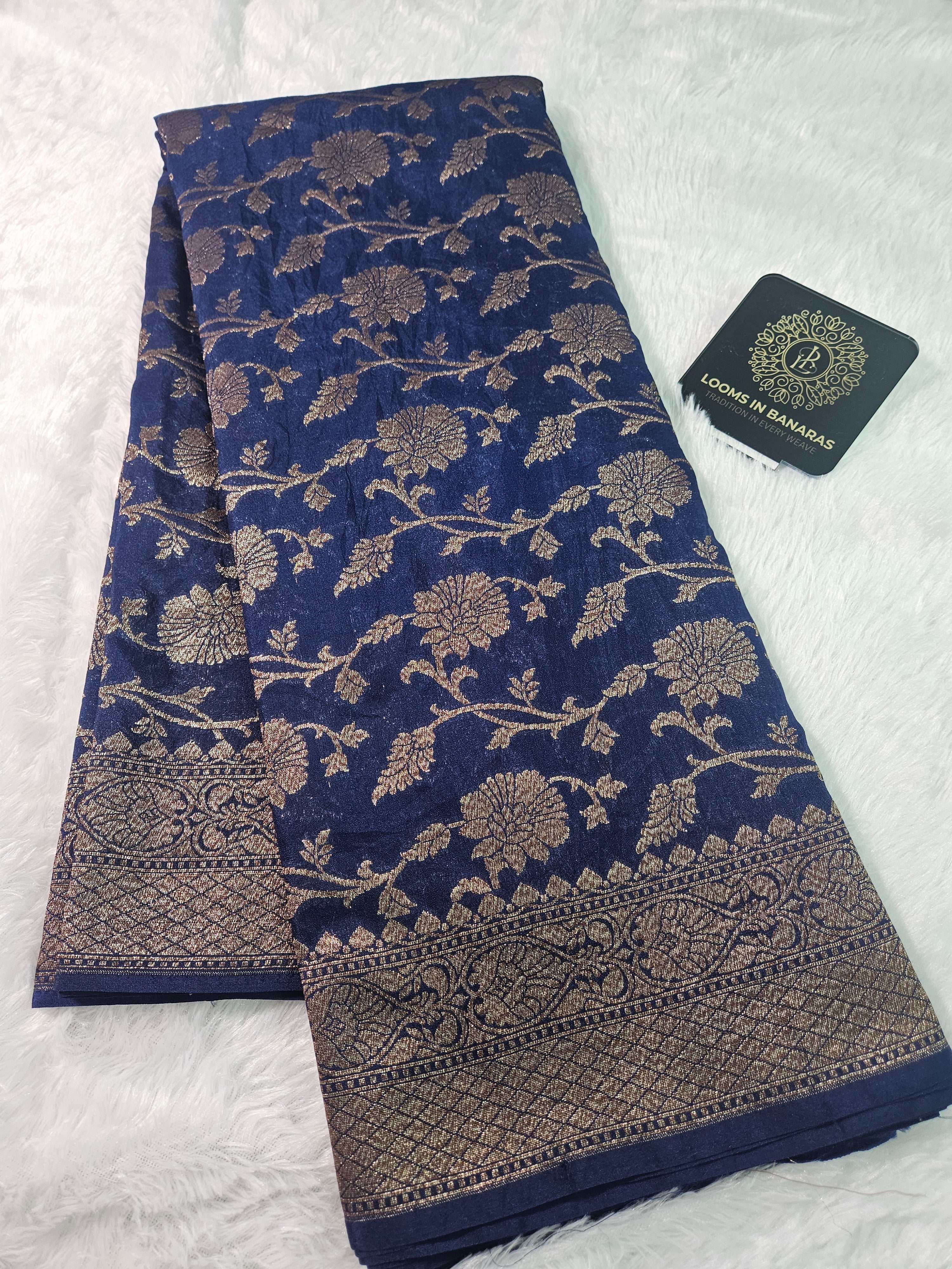 Banarasi Georgette Navy Saree with Antique Zari Border Jaal