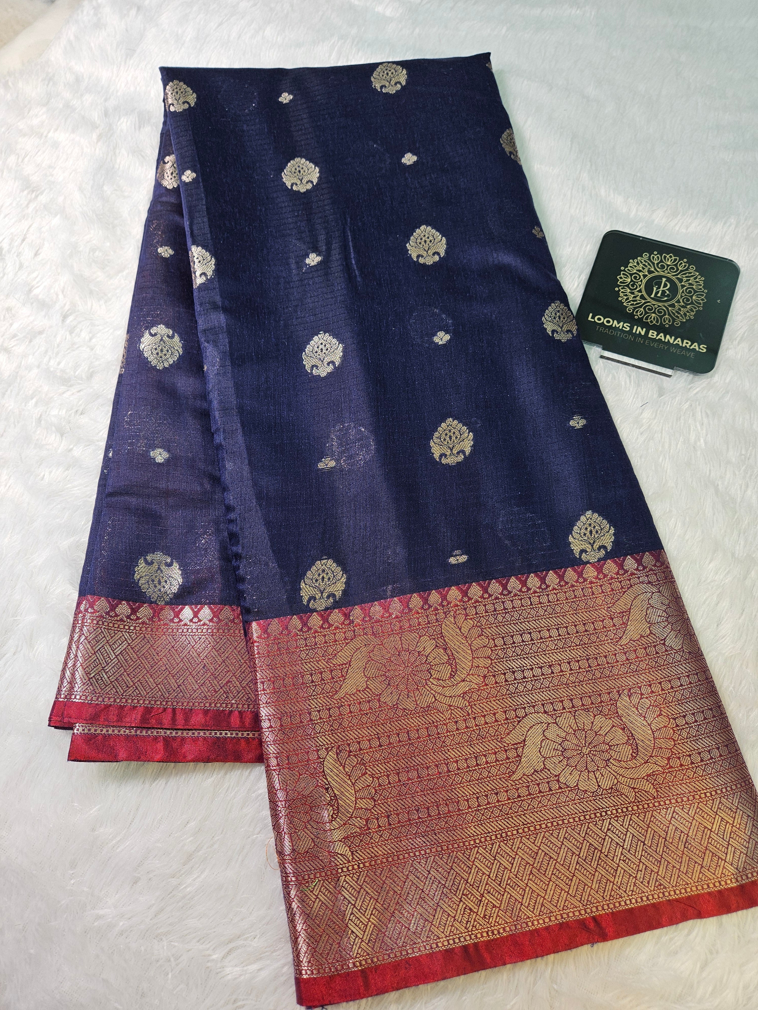 Navy Blue and Red Contrast Banarasi Cotton Zari Border Boota Saree
