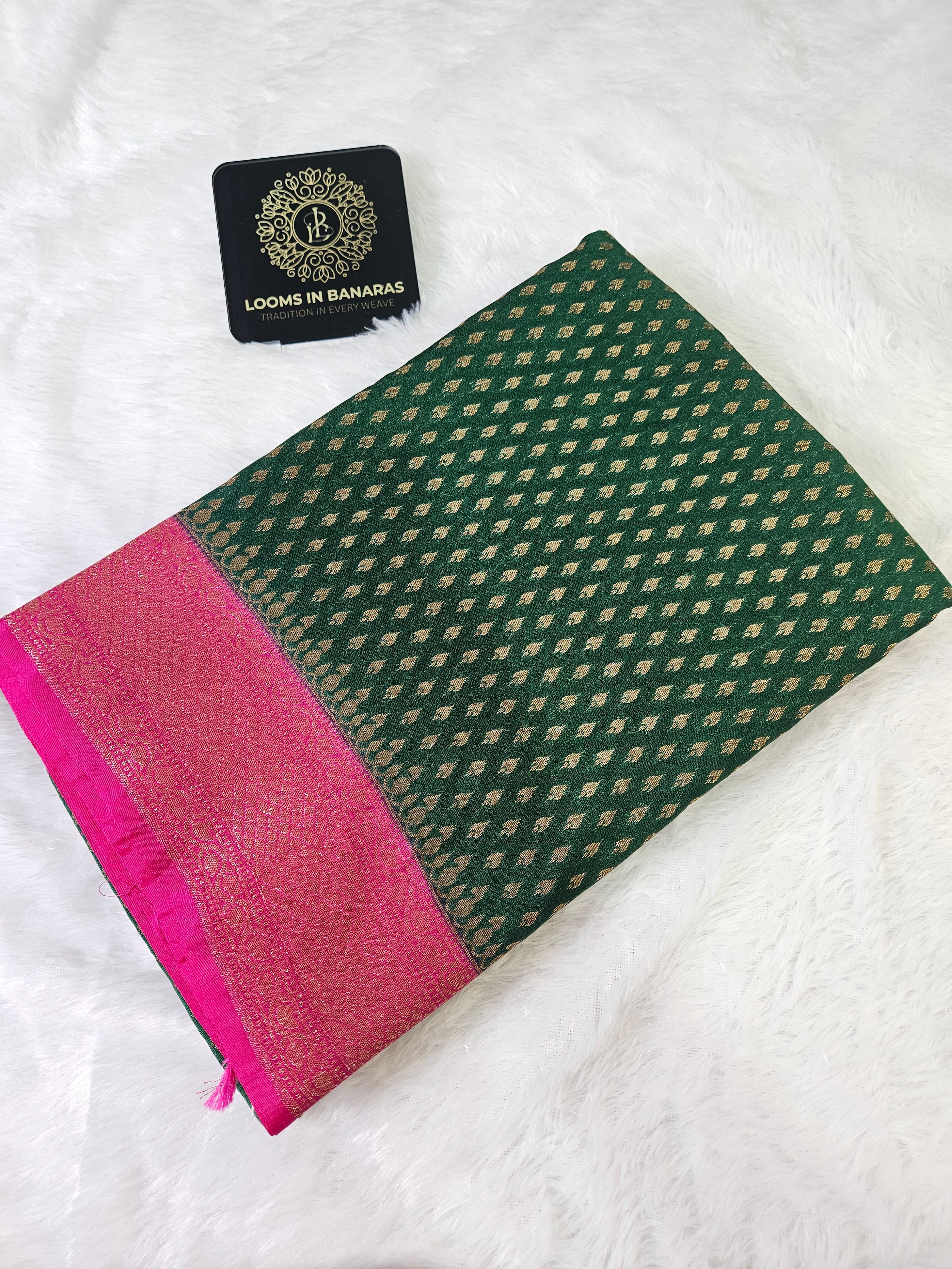 Banarasi Georgette Green Contrast Rani with Antique Zari Border buti