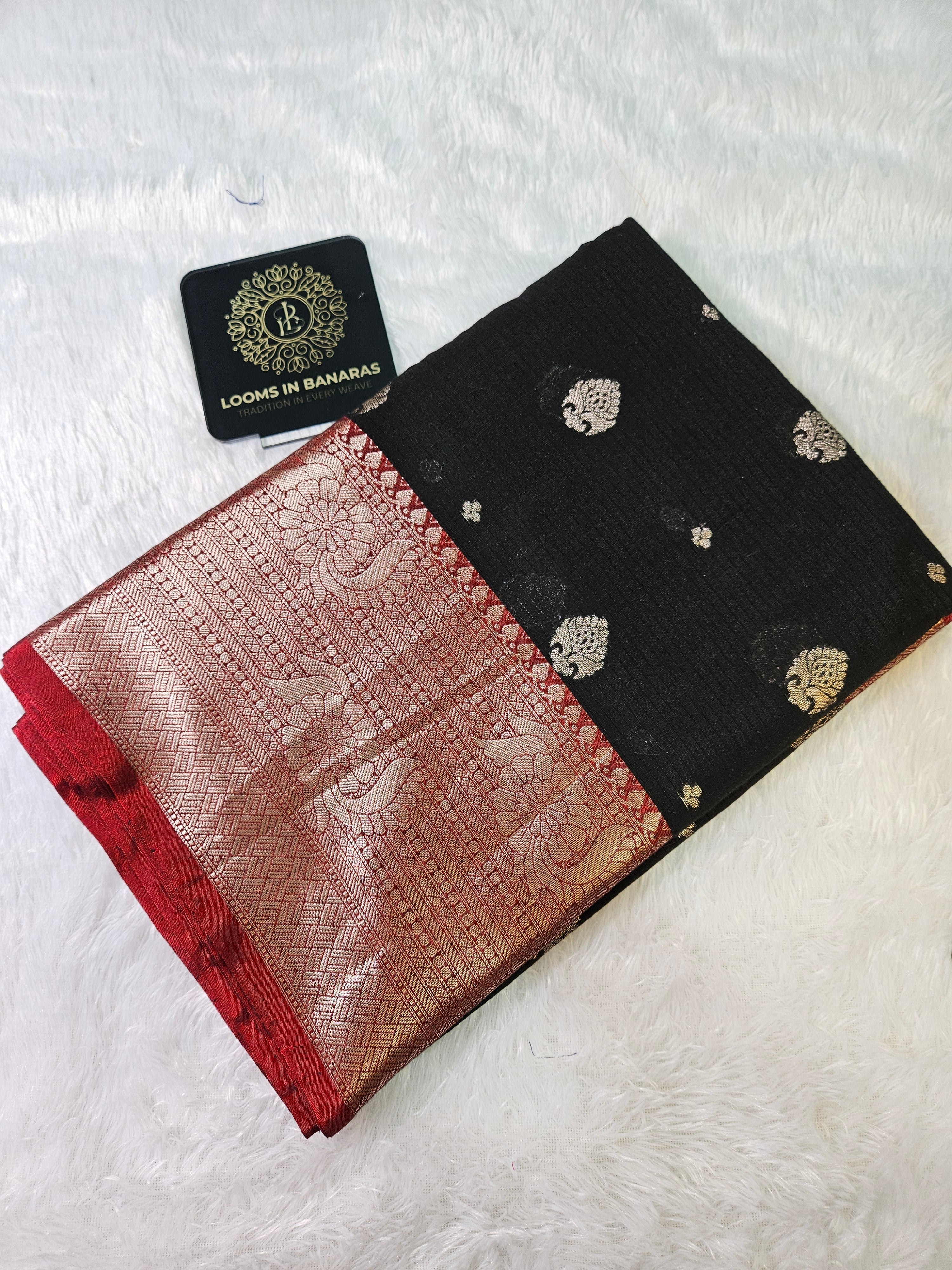 Black and Red Contrast Banarasi Cotton Zari Border Boota Saree