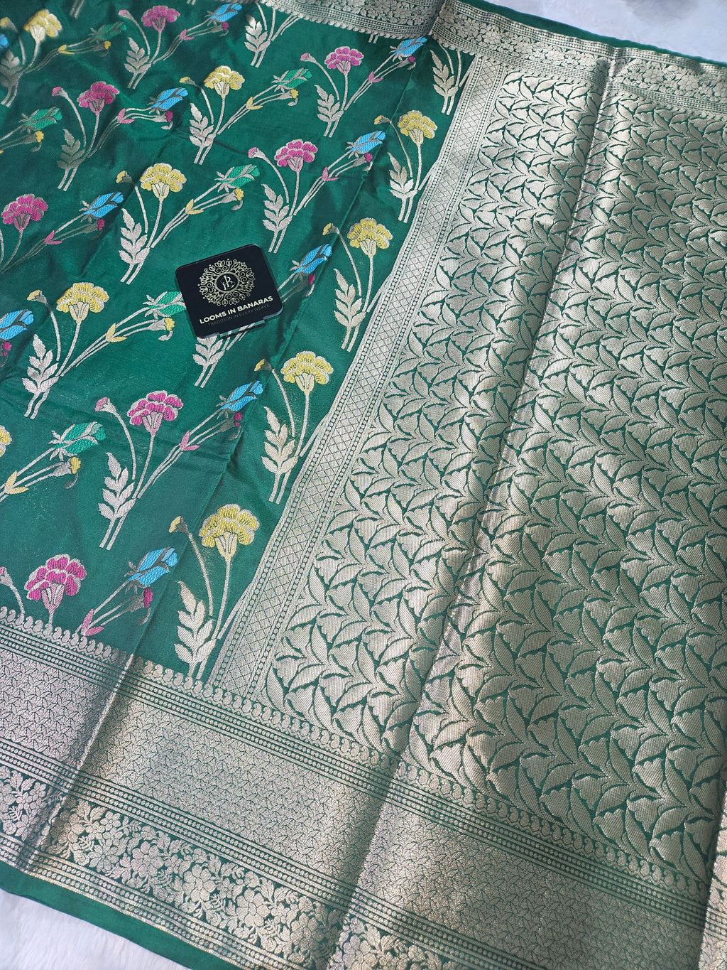 Banarasi Green Katan Silk Tilfi Minakari Jaal Design Saree