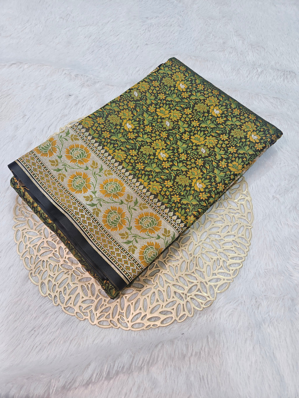 Bottle Green Banarasi Jamewar Satin Silk Saree with Green Multi Mina.