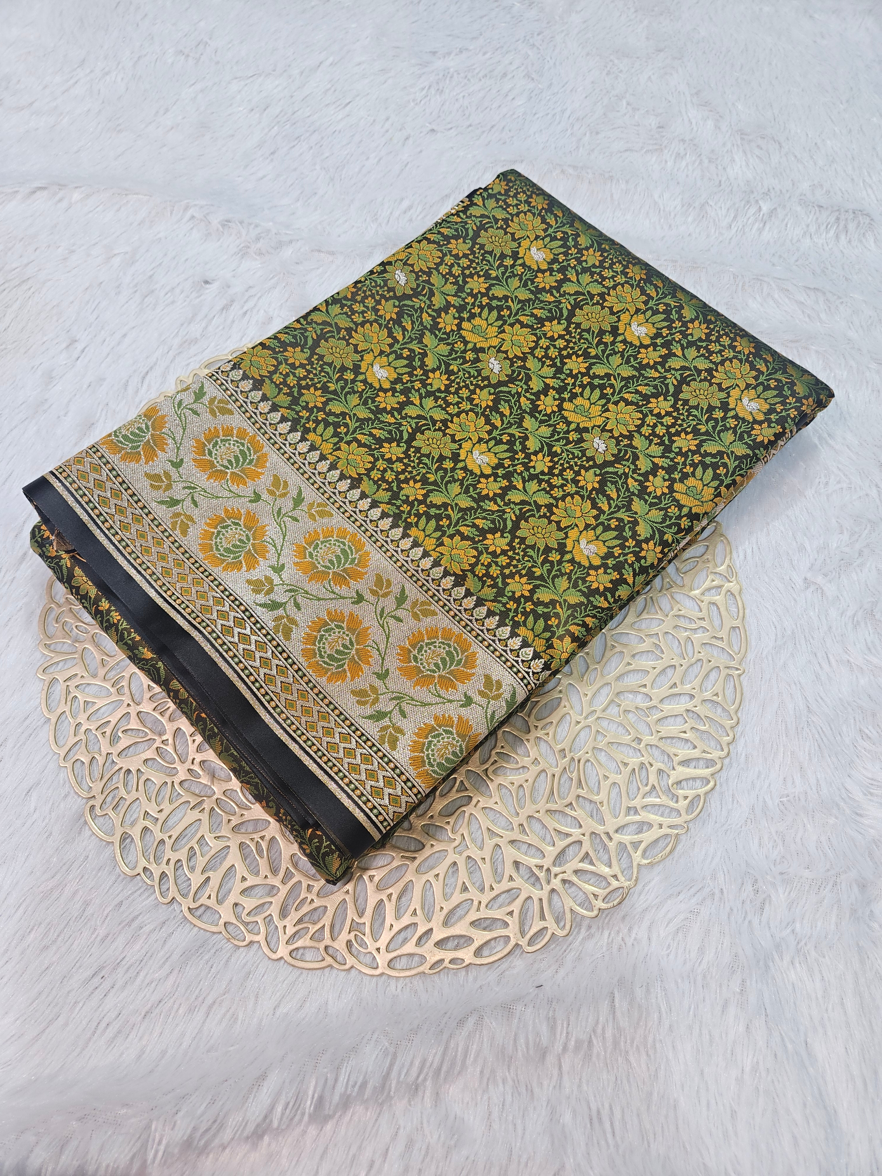 Bottle Green Banarasi Jamewar Satin Silk Saree with Green Multi Mina.