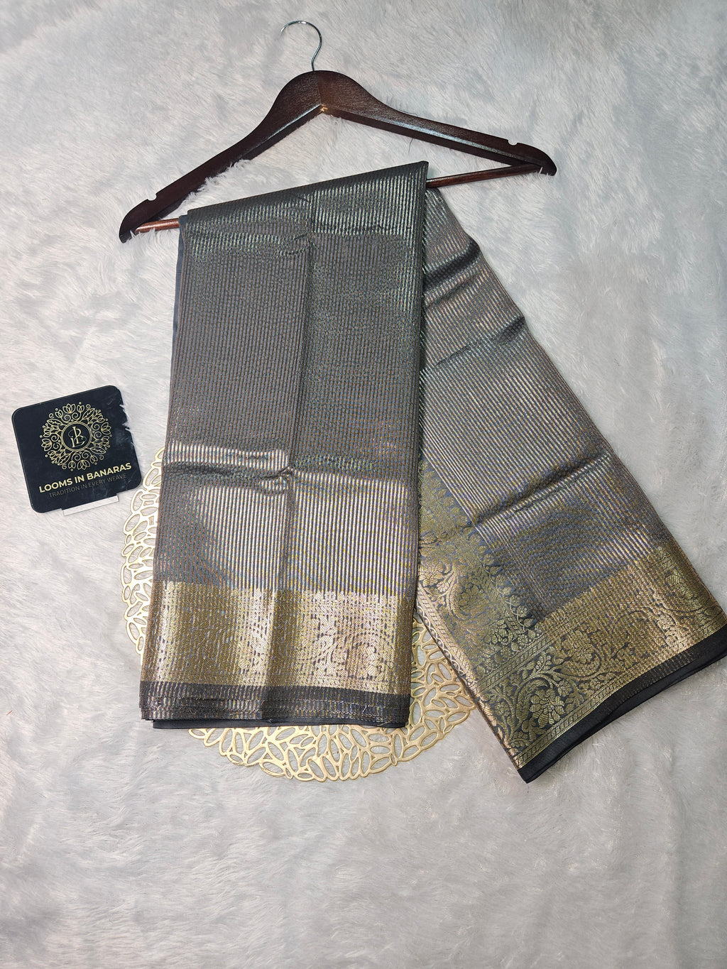 Grey Banarasi Soft Tissue Zari Stripe Design Saree