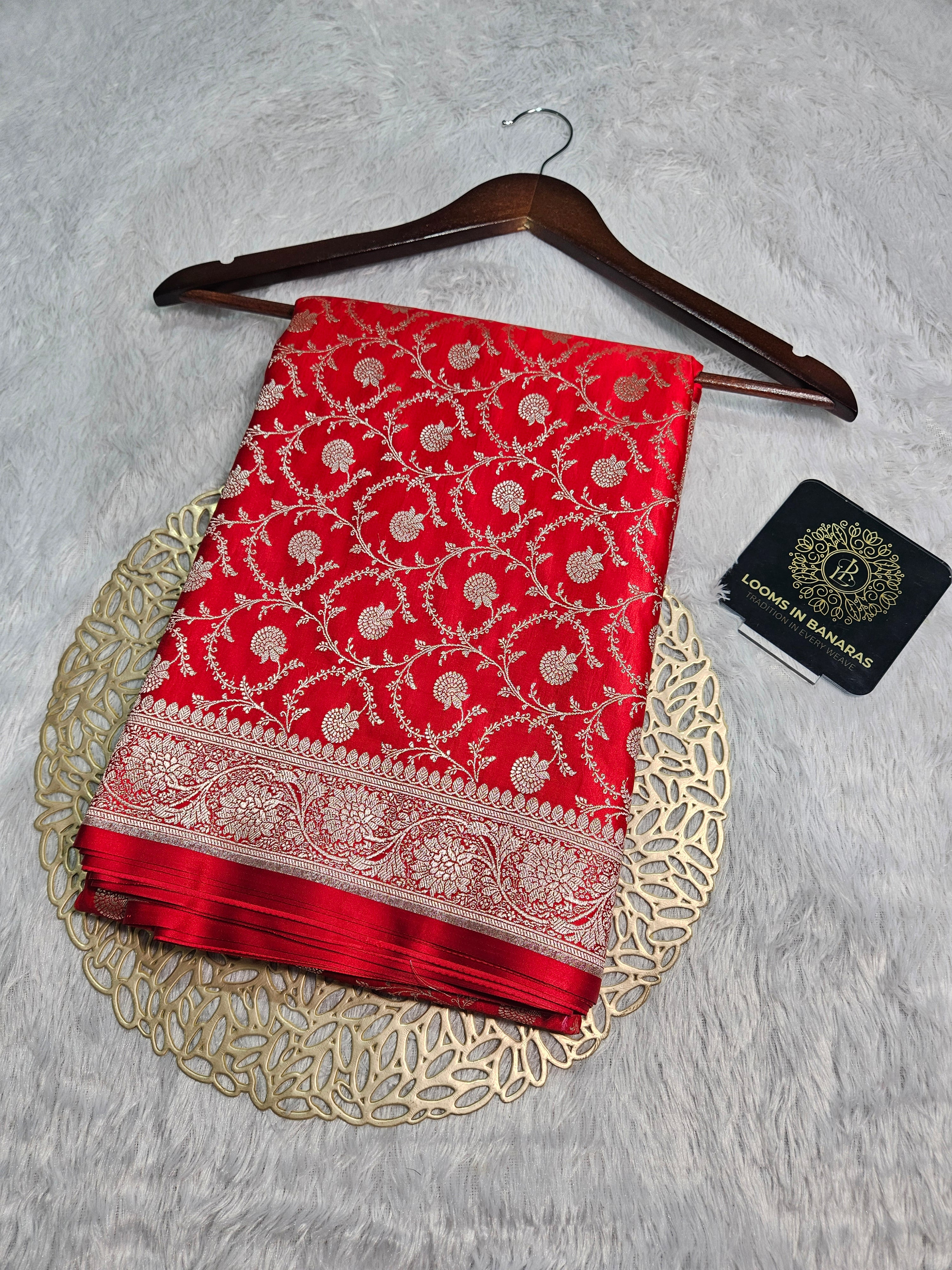 Red Banarasi Mashru Silk Border Jaal Saree