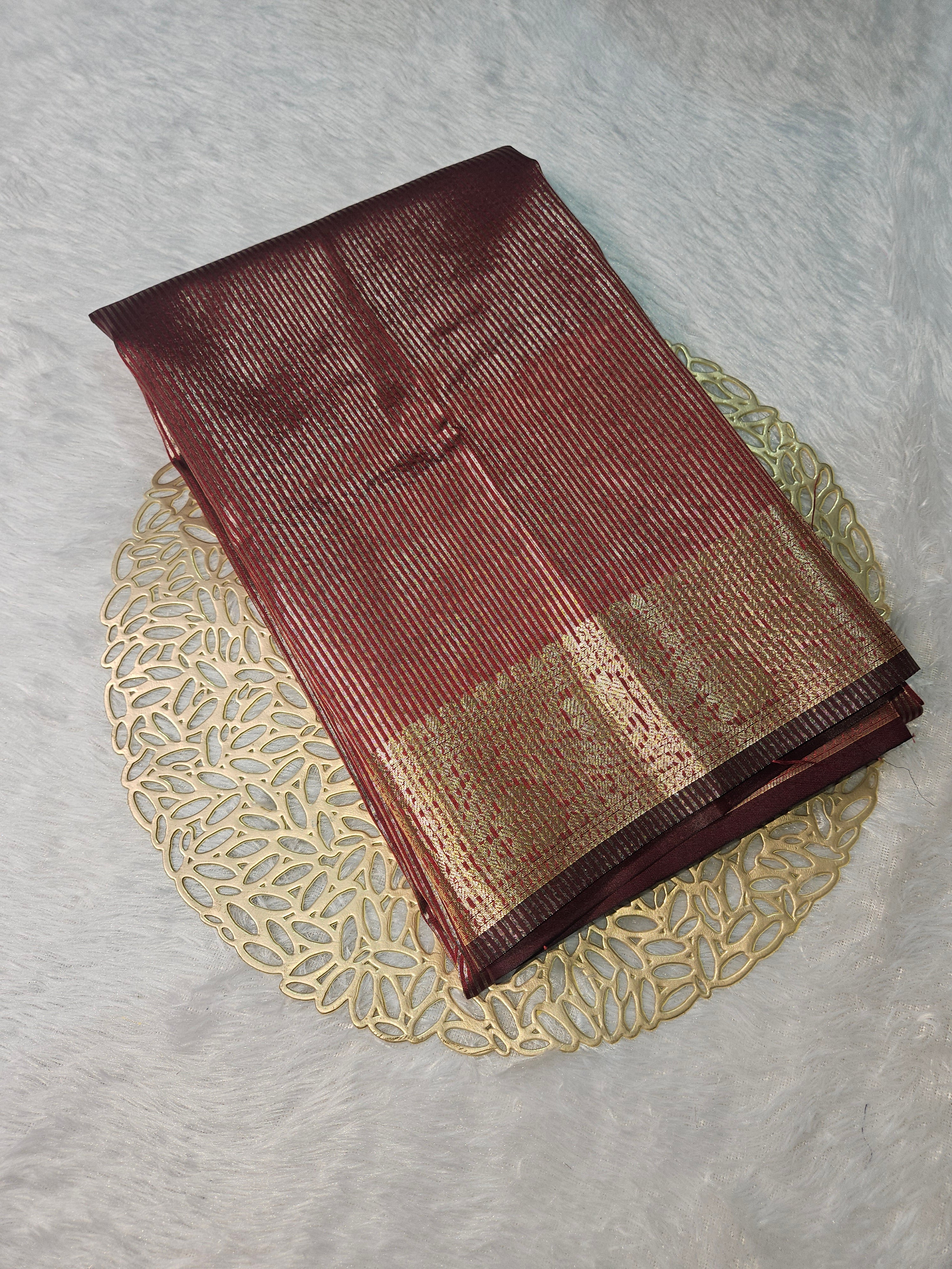 Maroon Banarasi Soft Tissue Zari Stripe Design Saree