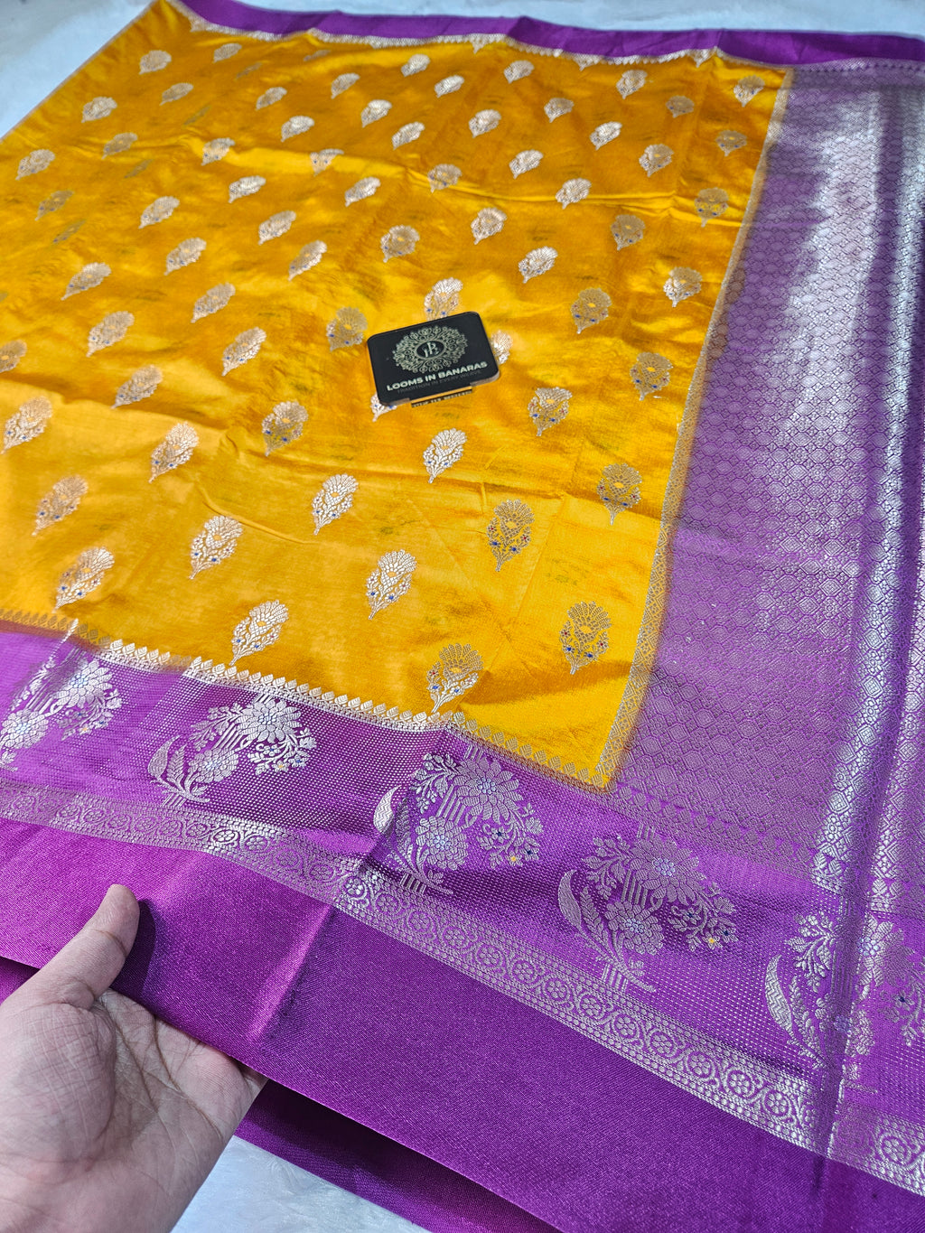 Banarasi Gold Yellow and Purple contrast Viscose Silk Fancy Border Booti Saree