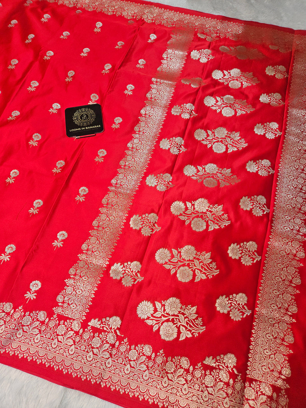 Red Banarasi Mashru Silk Alfi Border Booti Saree