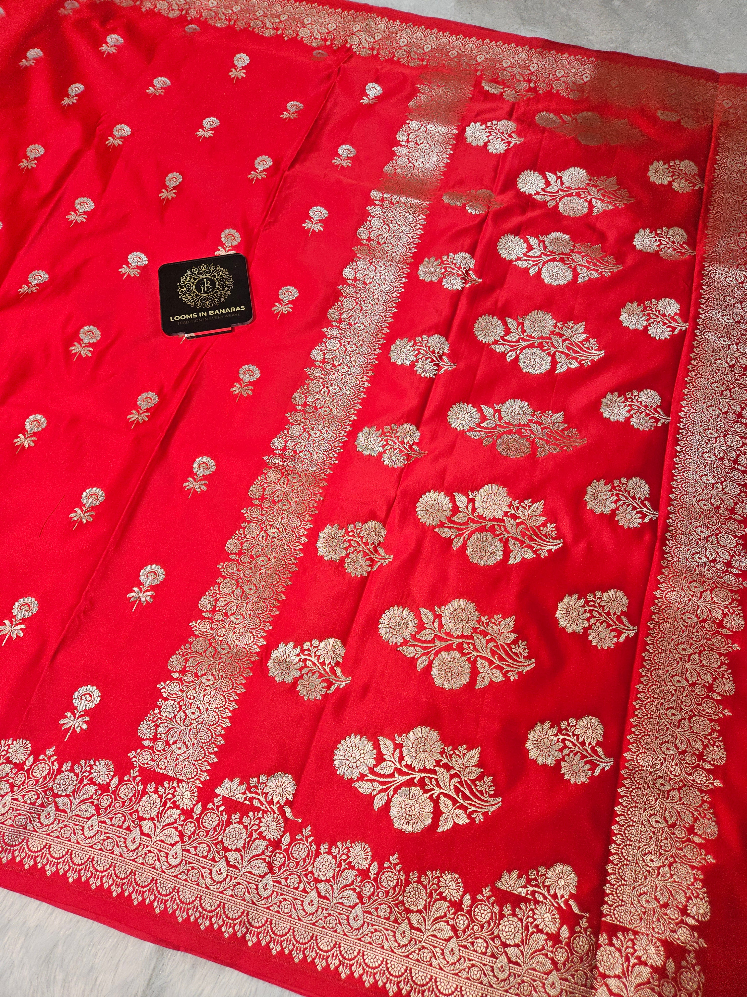 Red Banarasi Mashru Silk Alfi Border Booti Saree