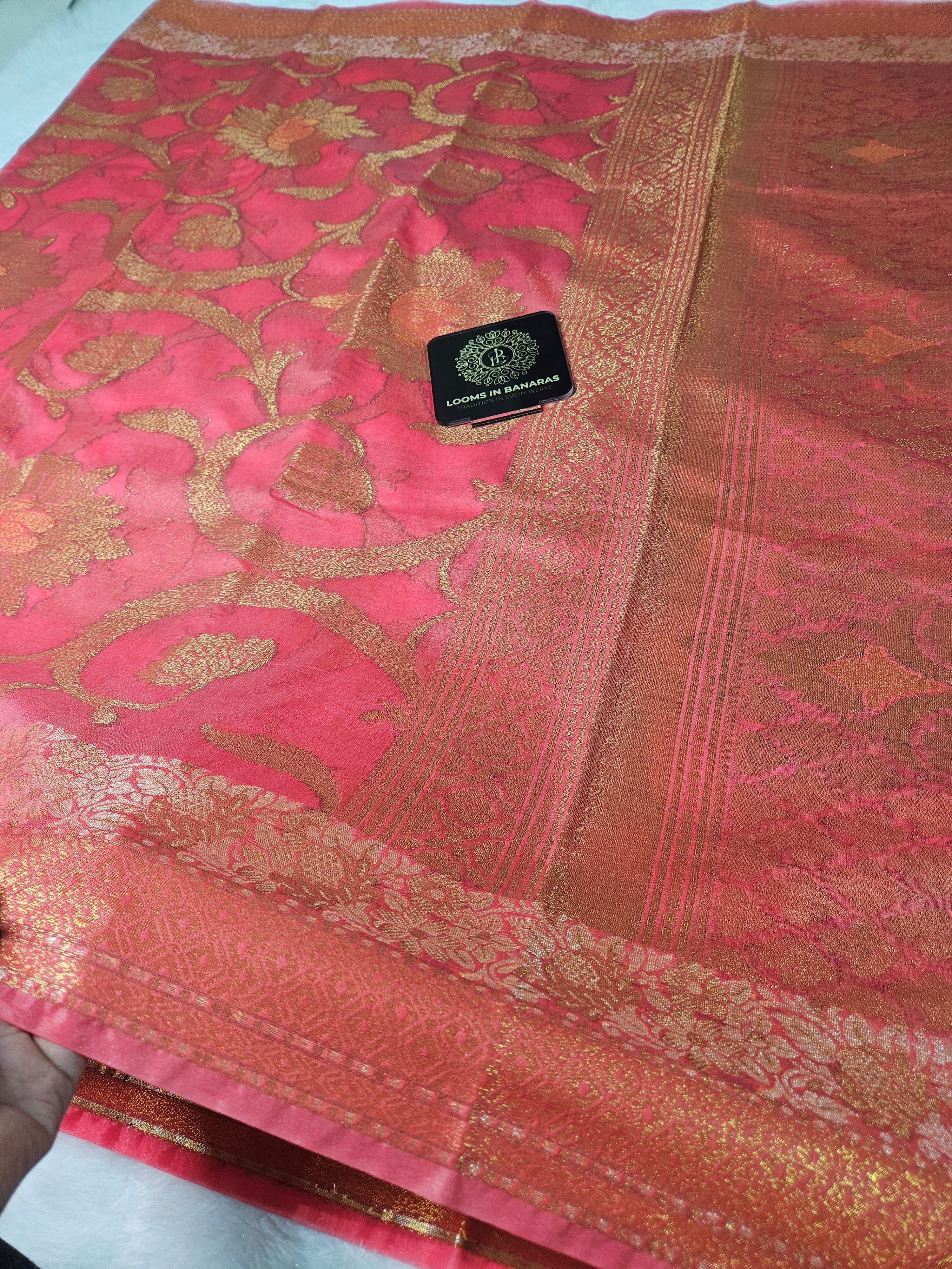 Banarasi Georgette Rose Pink Saree with Nimzari Border Jaal