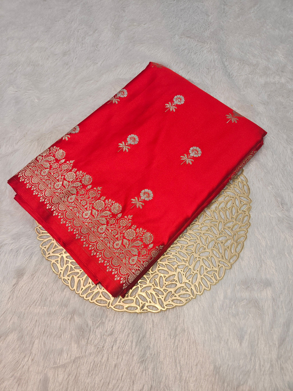 Red Banarasi Mashru Silk Alfi Border Booti Saree
