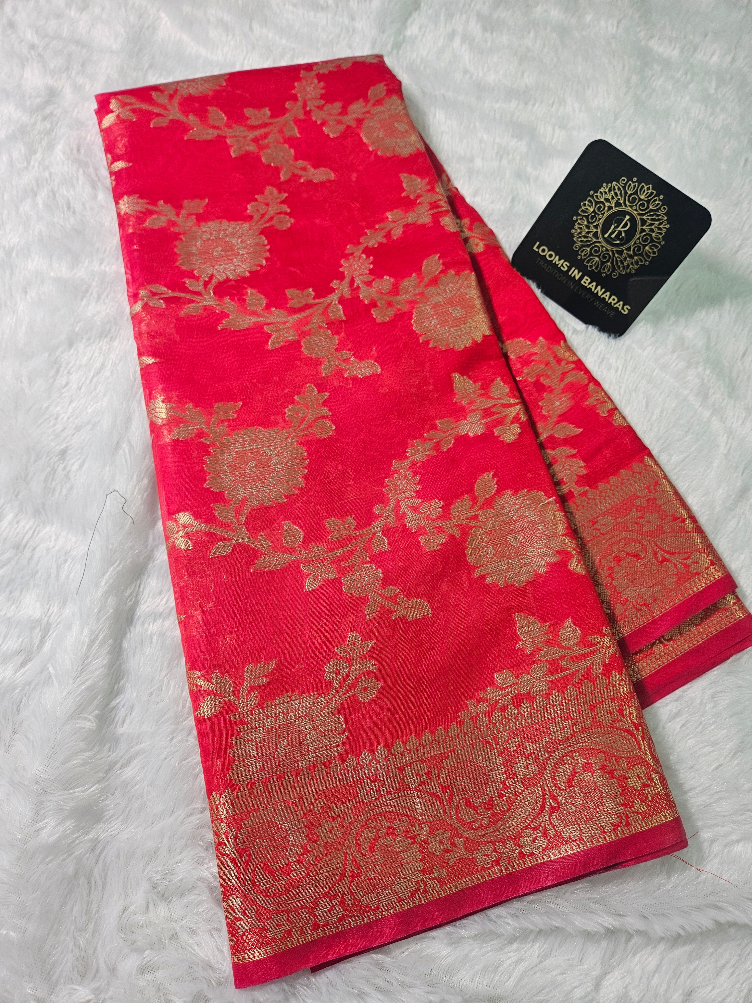 Banarasi Silk Red Jaal Zari Border Saree
