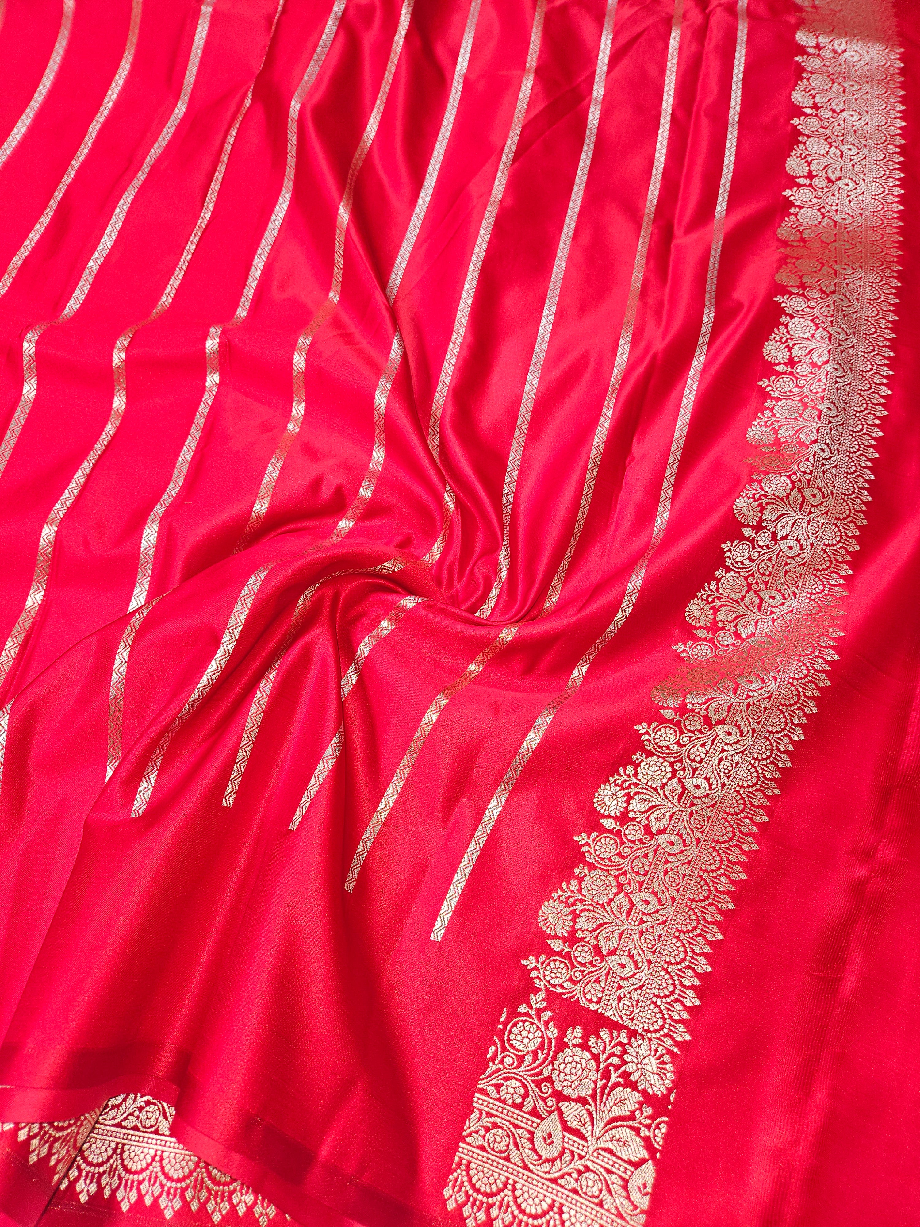 Red Banarasi Mashru Silk Alfi Border Booti Saree