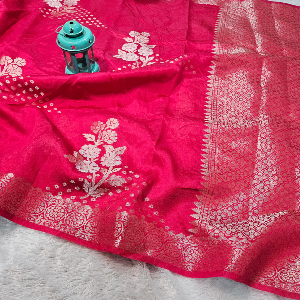 Rani Pink Banarasi Viscose Silk Saree Geometric Buta with Zari Border