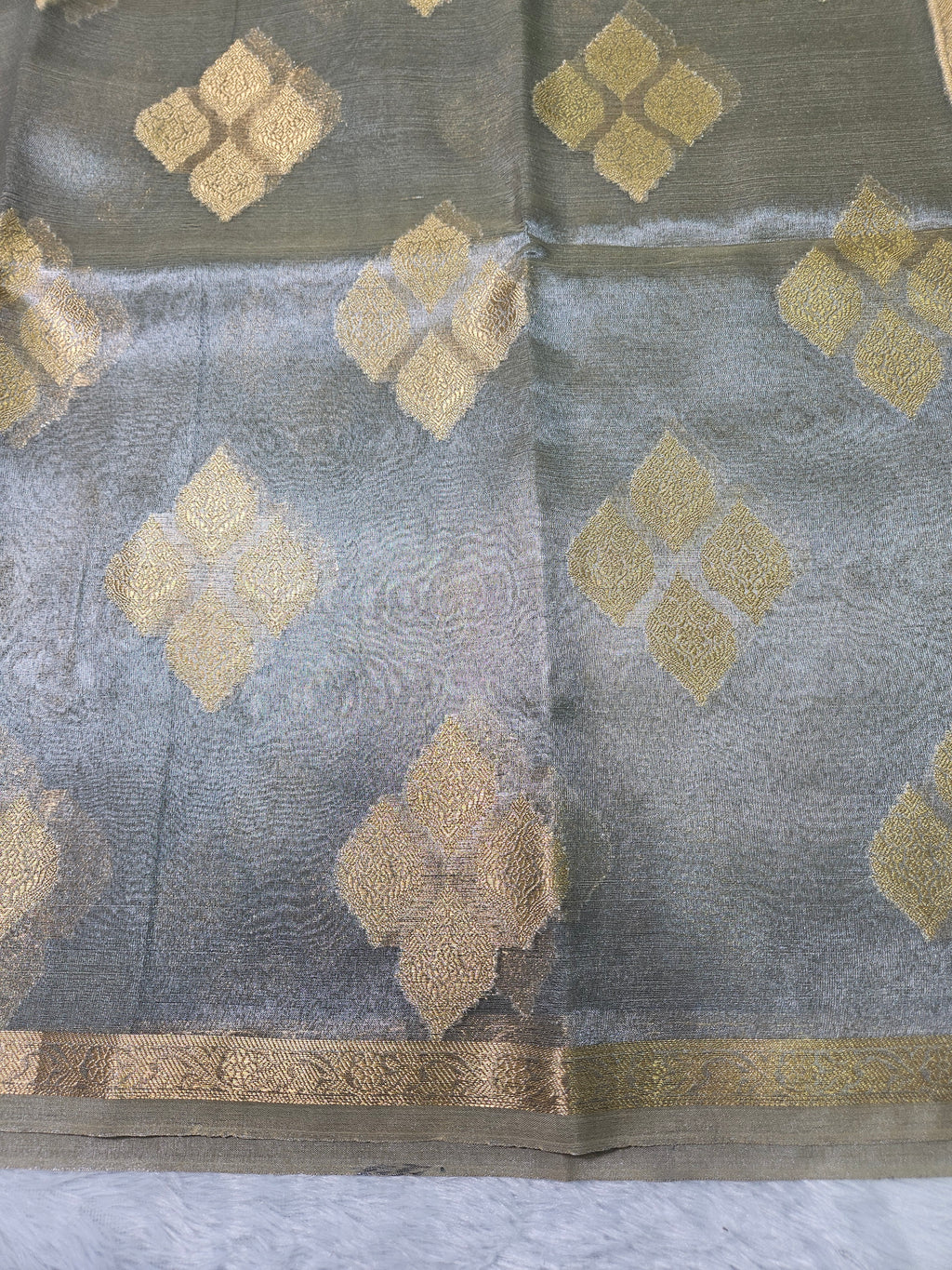 Metallic Grey Banarasi Tissue Zari Buti Design Small Border Saree
