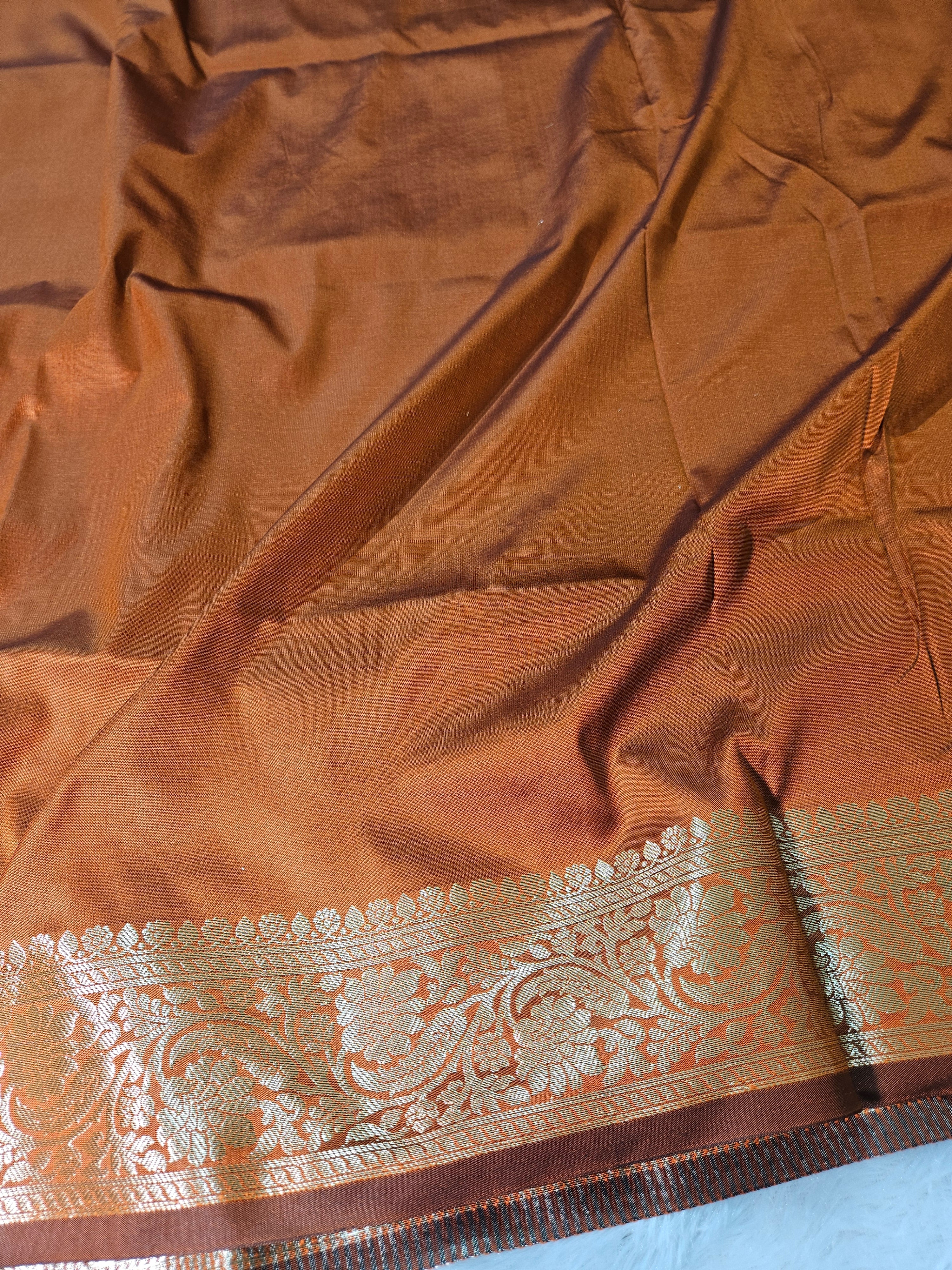 Rust Banarasi Soft Tissue Zari Stripe Design Saree