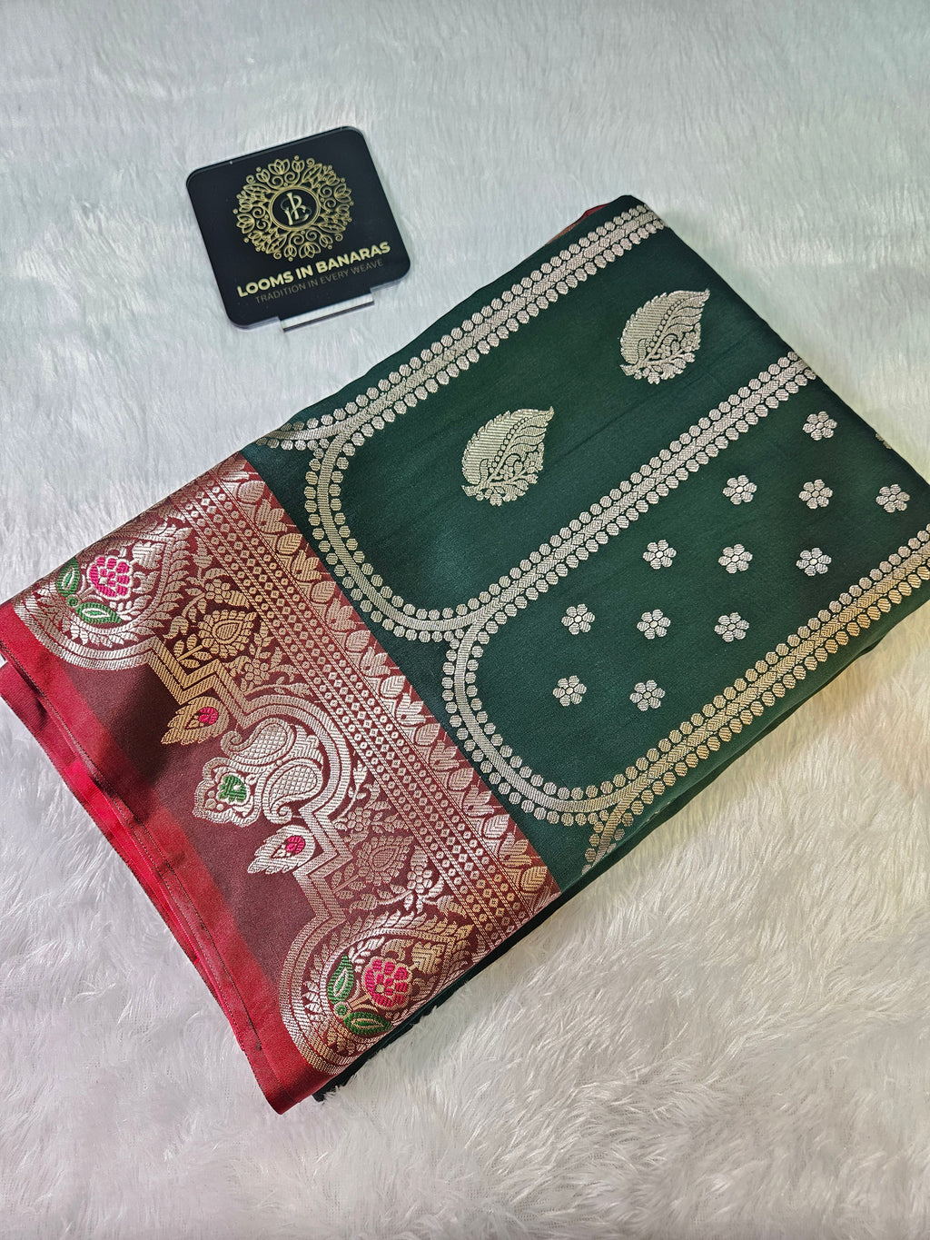 Bottle Green and Red Contrast Banarasi Silk Jaal Zari Border Saree