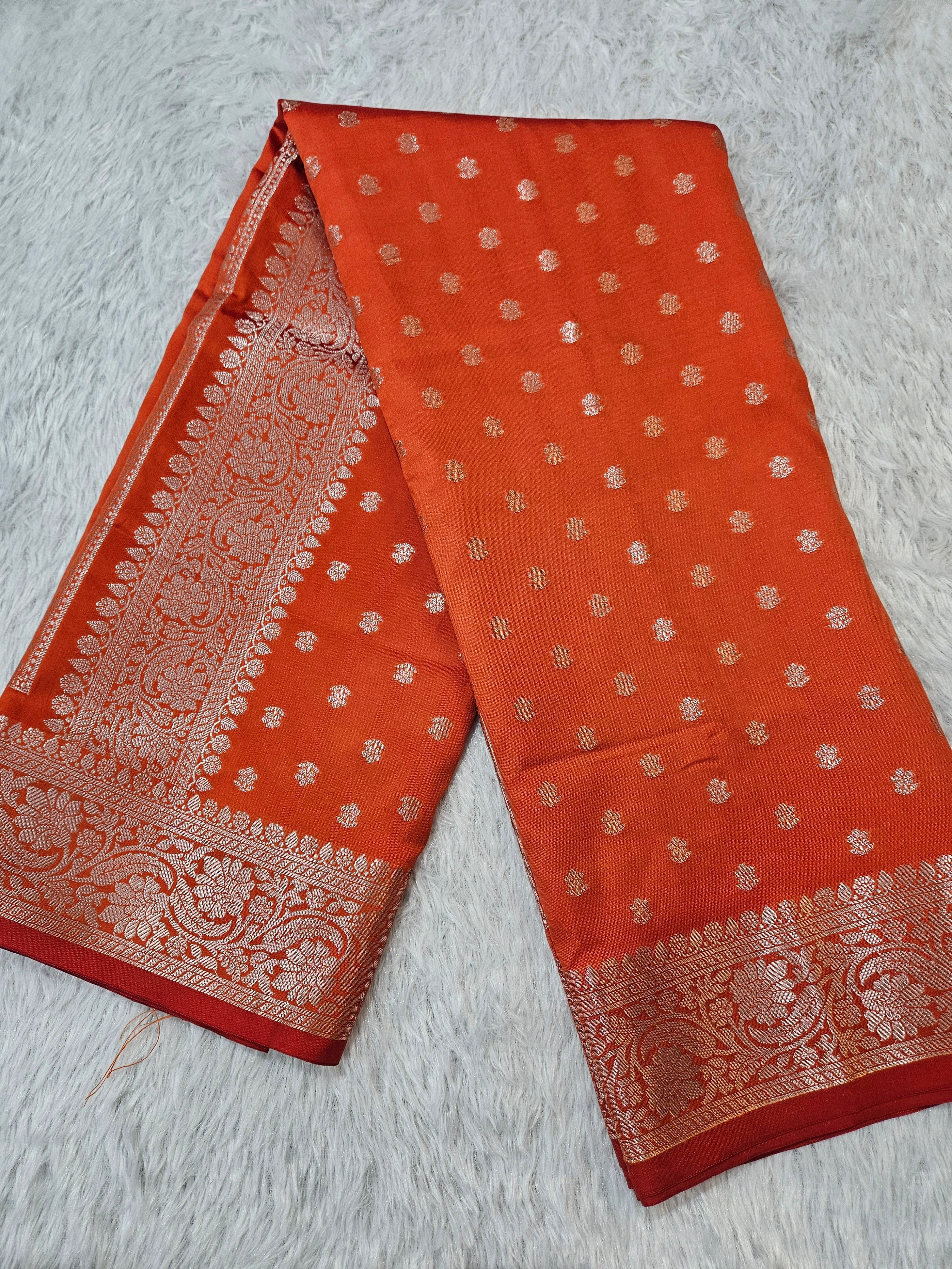 Banarasi Silk Orange Buti Zari Border Saree