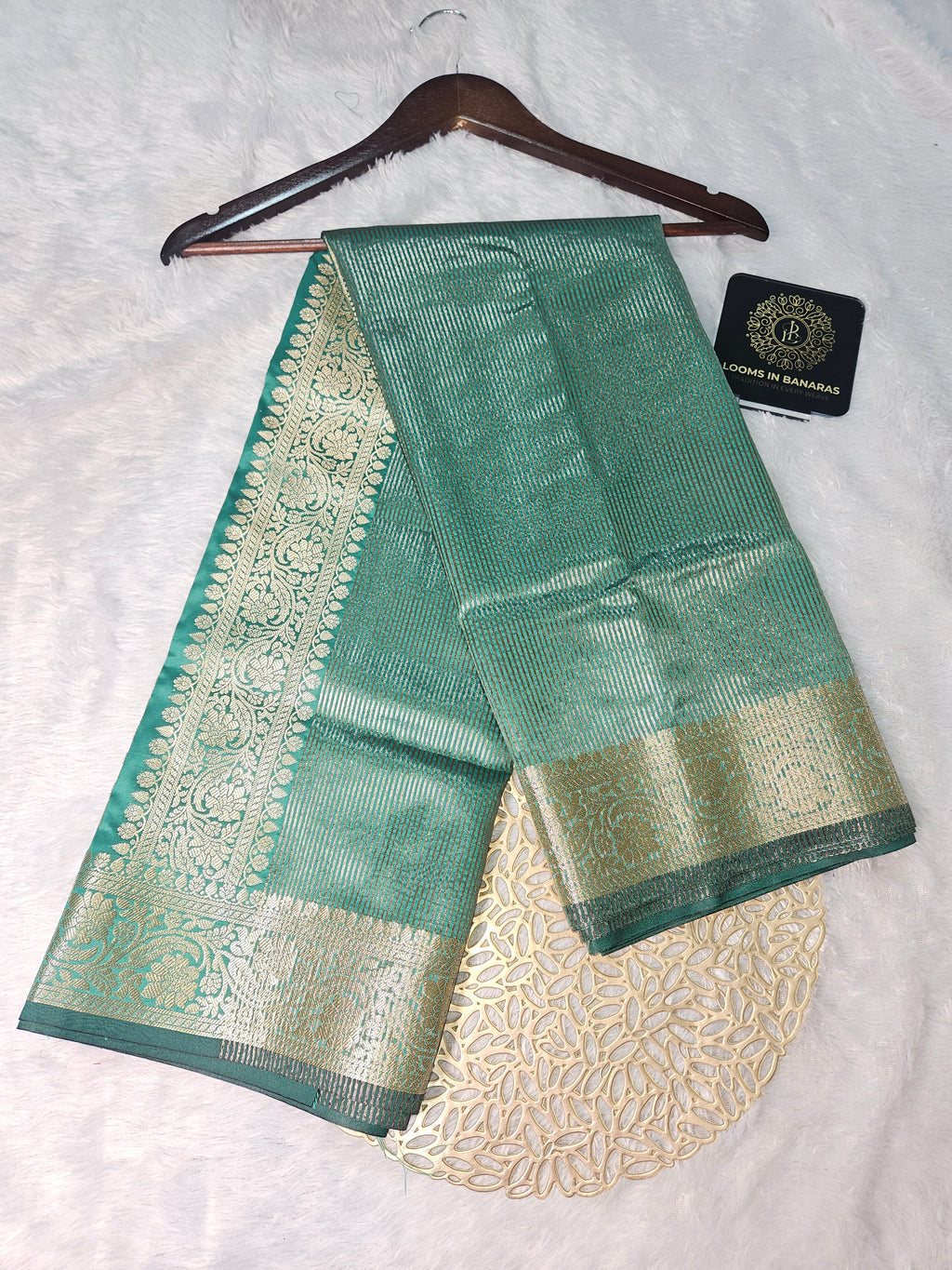 Rama Green Banarasi Soft Tissue Zari Stripe Design Saree