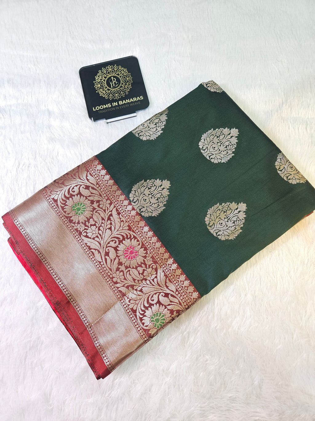 Bottle Green and Red Contrast Banarasi Silk Buta Zari Border Saree