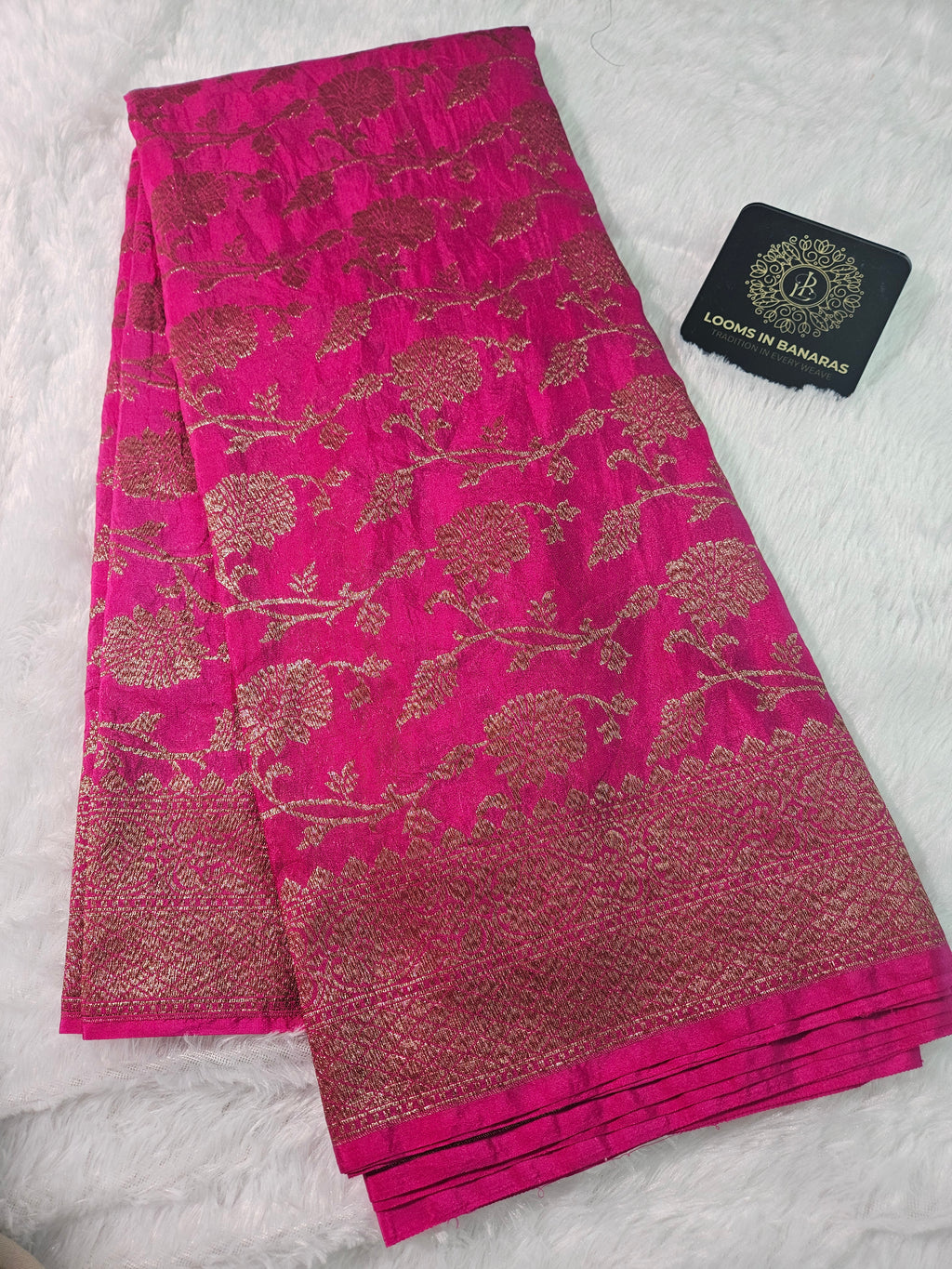 Banarasi Georgette Rani Pink Saree with Antique Zari Border Jaal