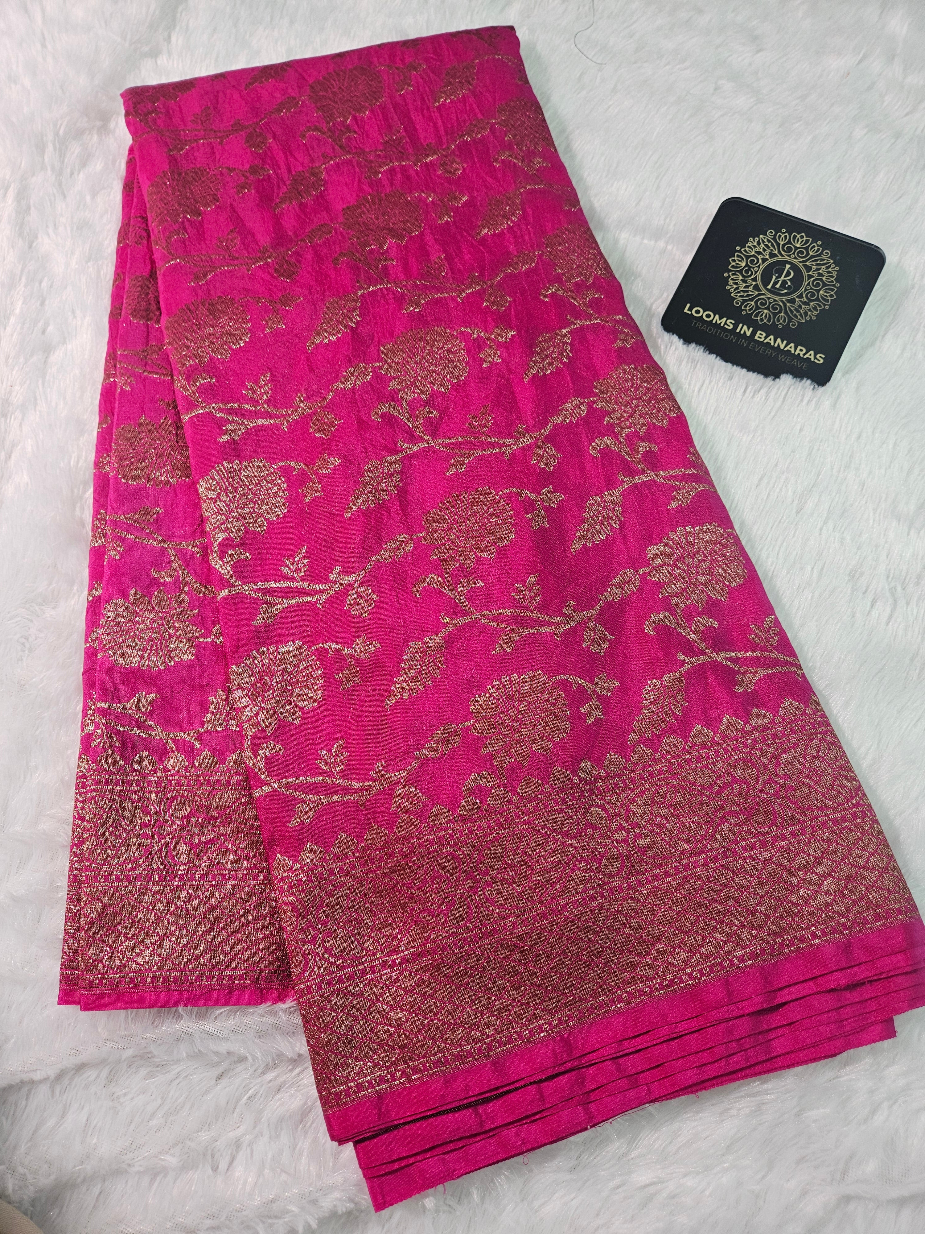 Banarasi Georgette Rani Pink Saree with Antique Zari Border Jaal